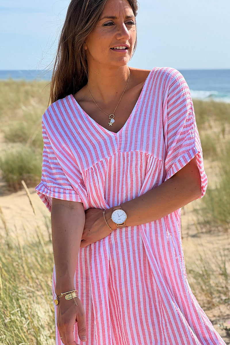 Robe blanche en gaze de coton rayures corail manches looses