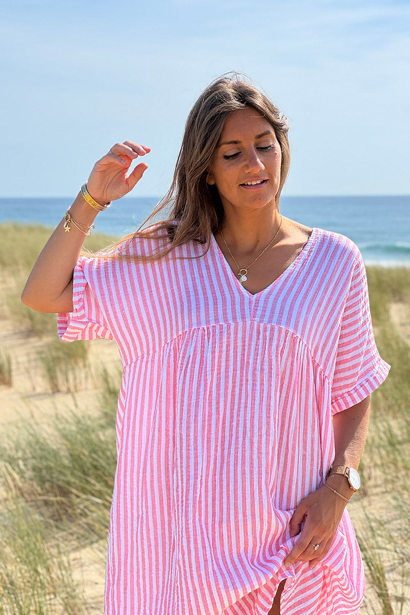 Robe blanche en gaze de coton rayures corail manches looses