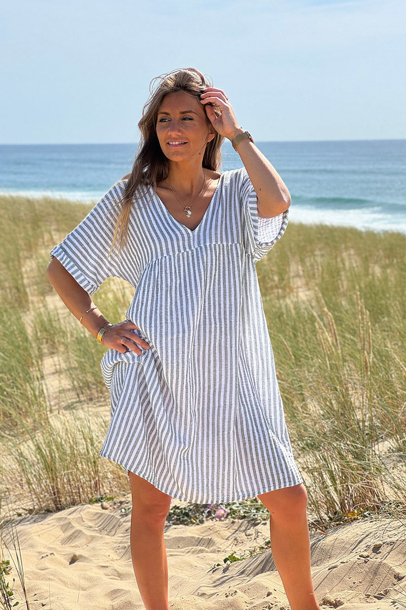 Robe blanche en gaze de coton rayures kaki manches looses