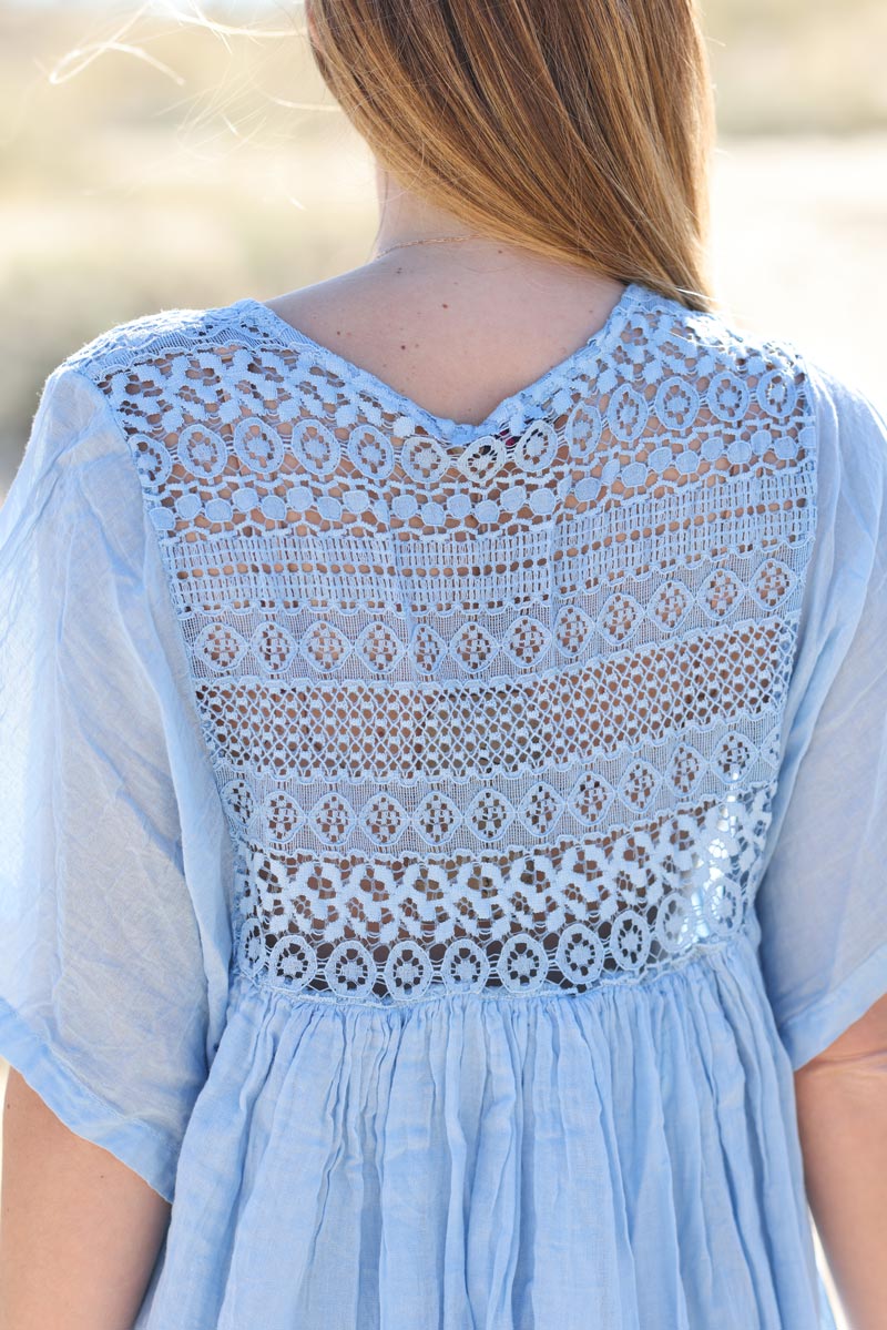 Light blue Floaty Cotton Dress with Lace Top