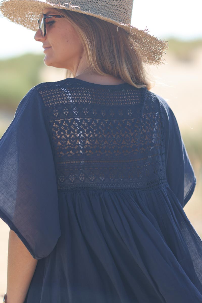 Vestido azul marino claro en gasa de algodón con top de encaje