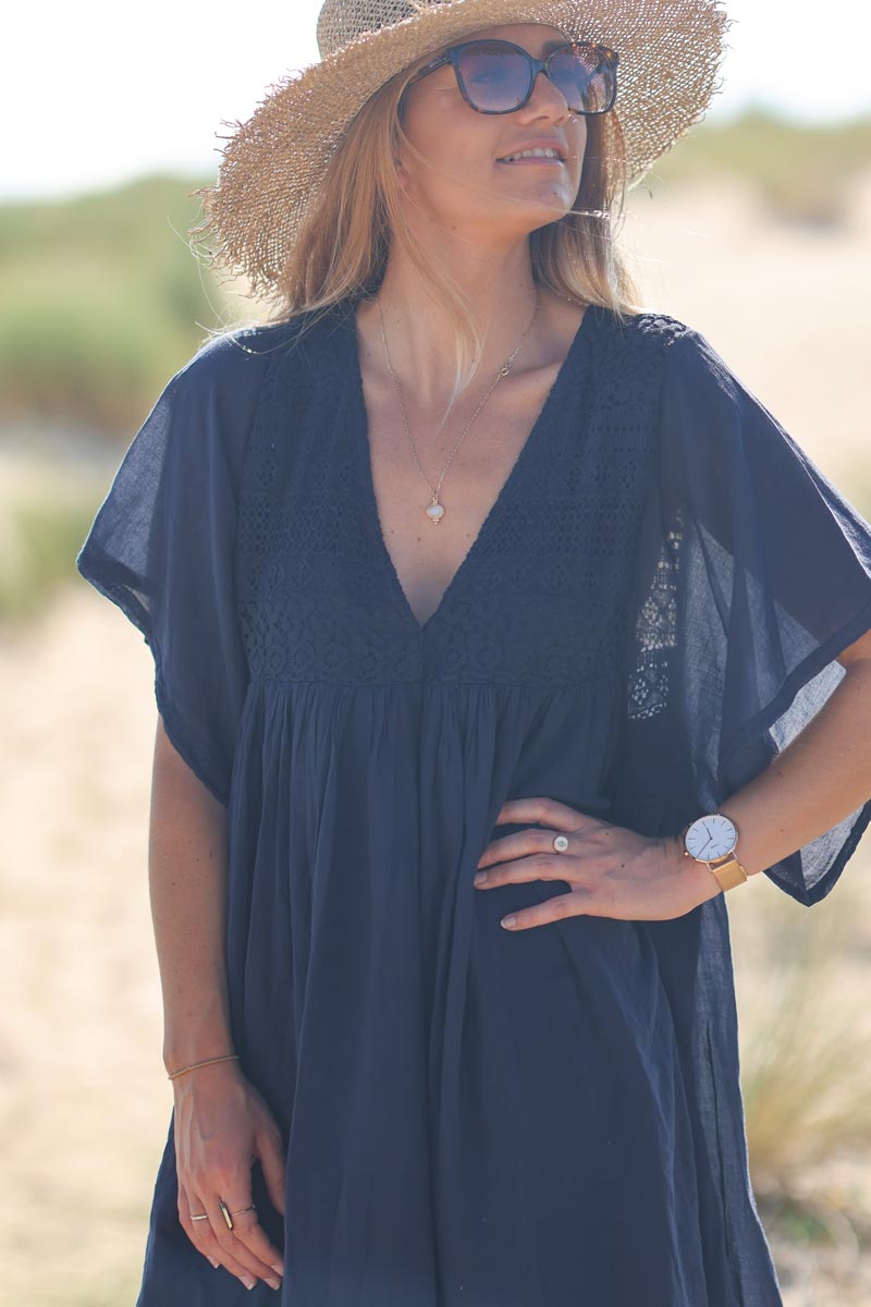 Vestido azul marino claro en gasa de algodón con top de encaje