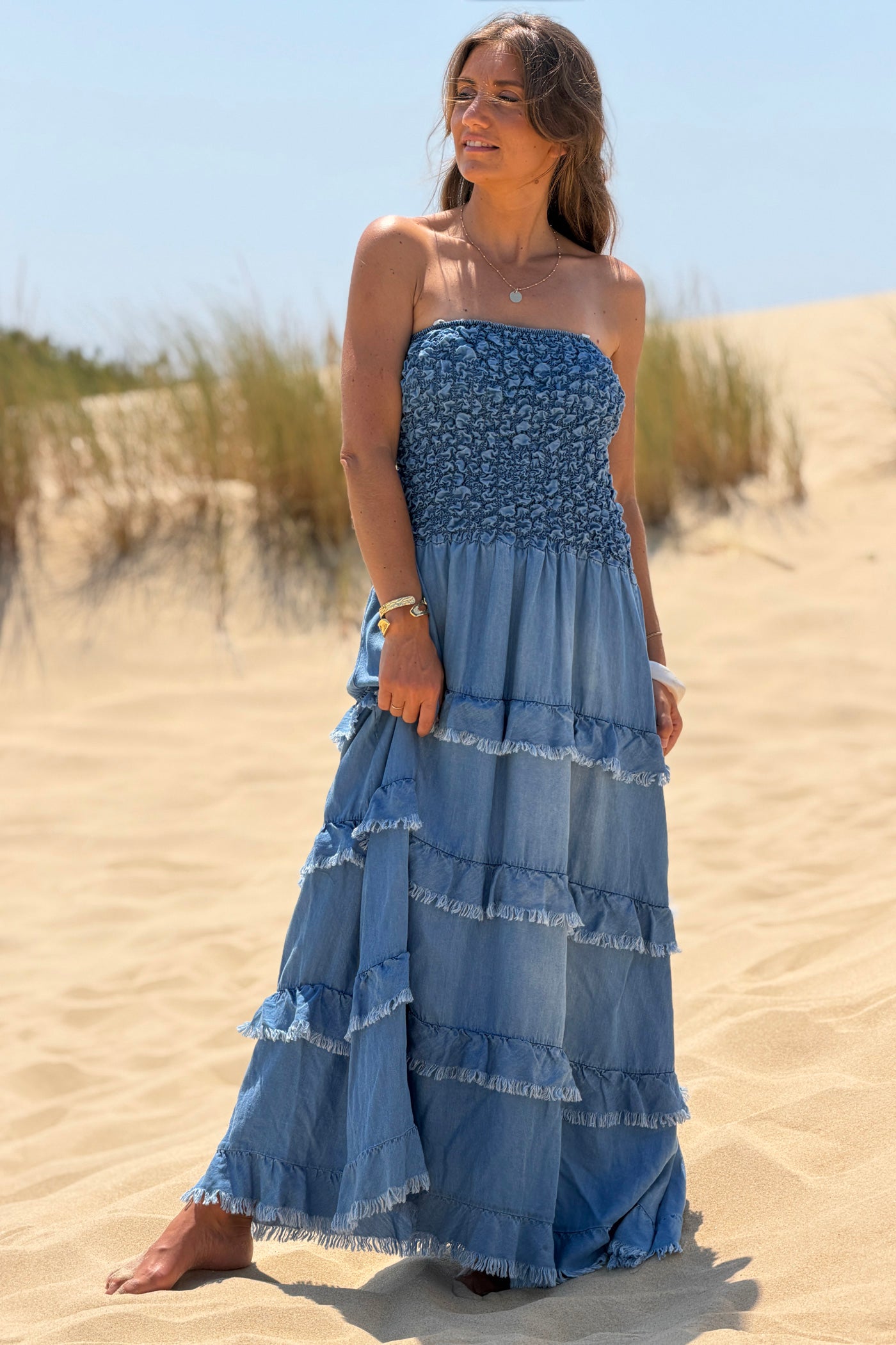 Robe bustier élastique smocke fluide en tencel avec volants franges