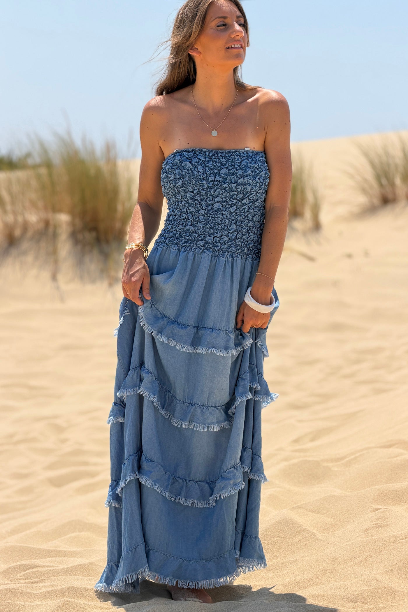 Robe bustier élastique smocke fluide en tencel avec volants franges