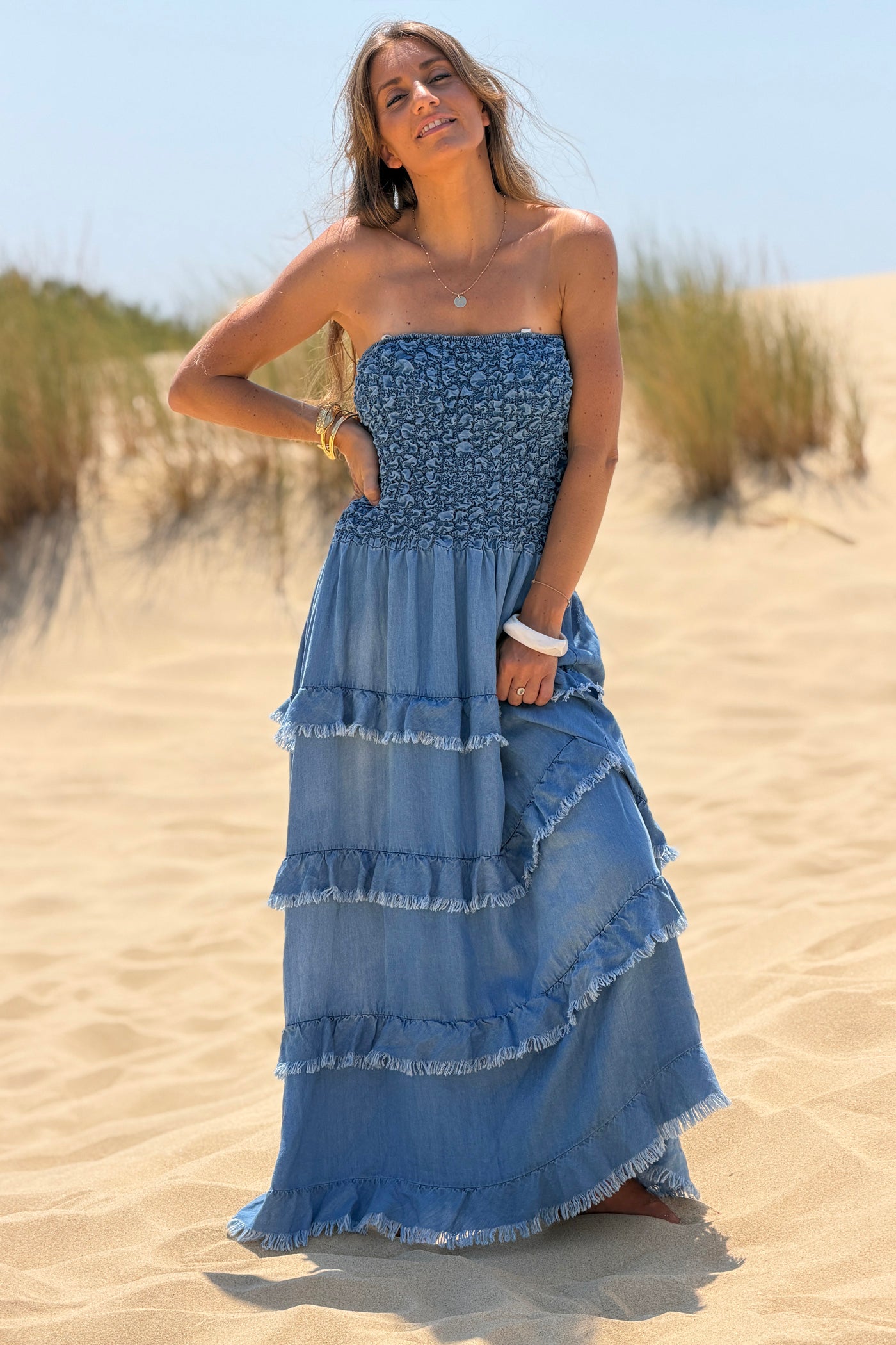 Robe bustier élastique smocke fluide en tencel avec volants franges