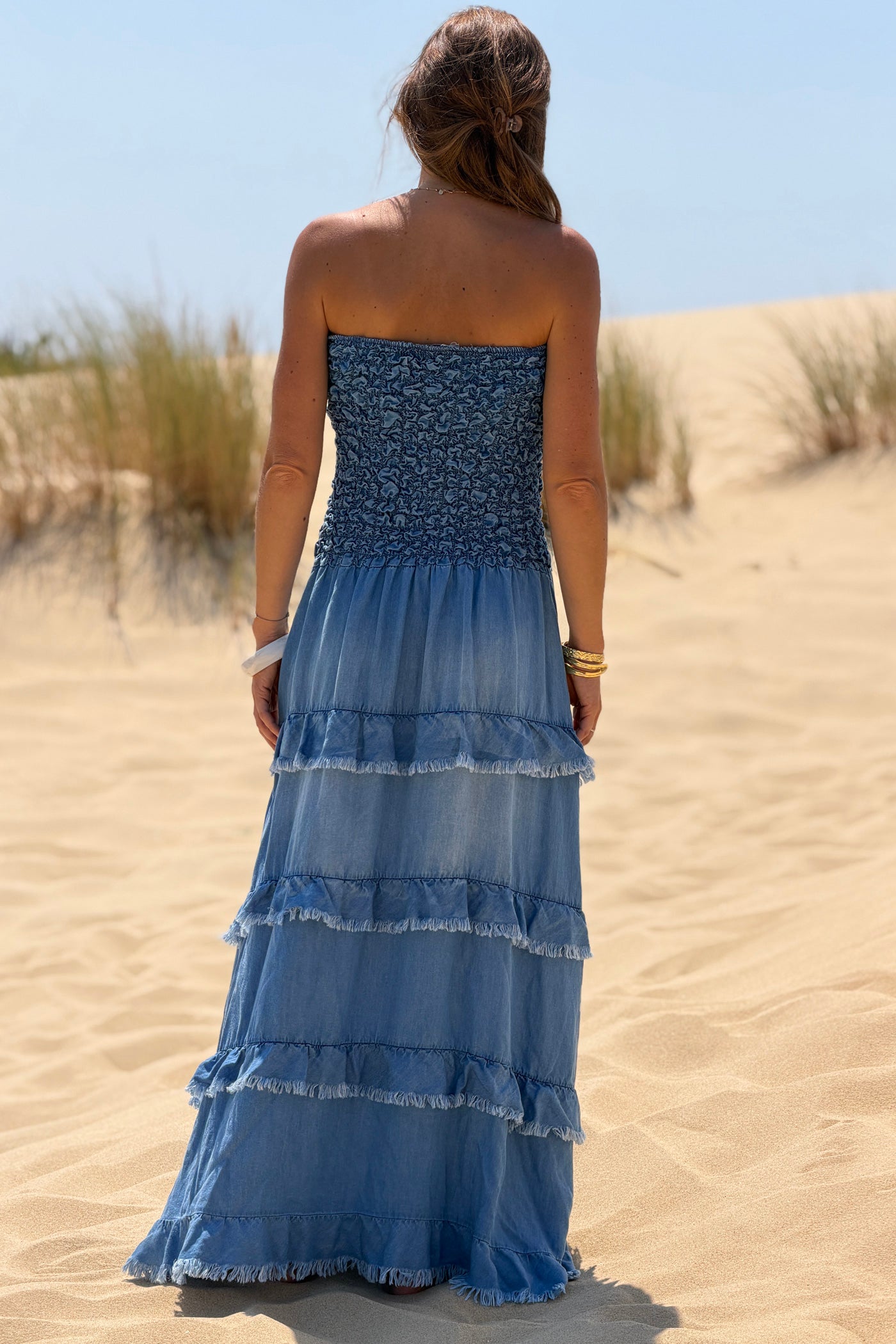 Robe bustier élastique smocke fluide en tencel avec volants franges