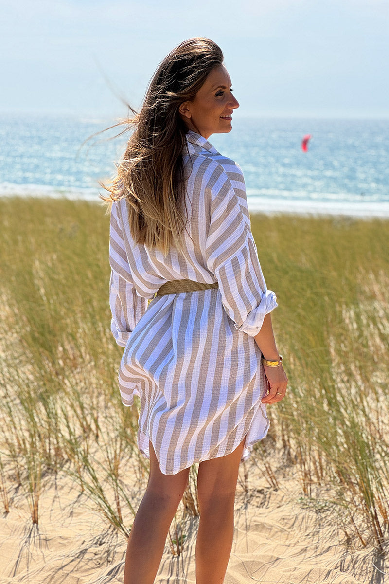 Robe chemise blanche en gaze de coton rayures beige