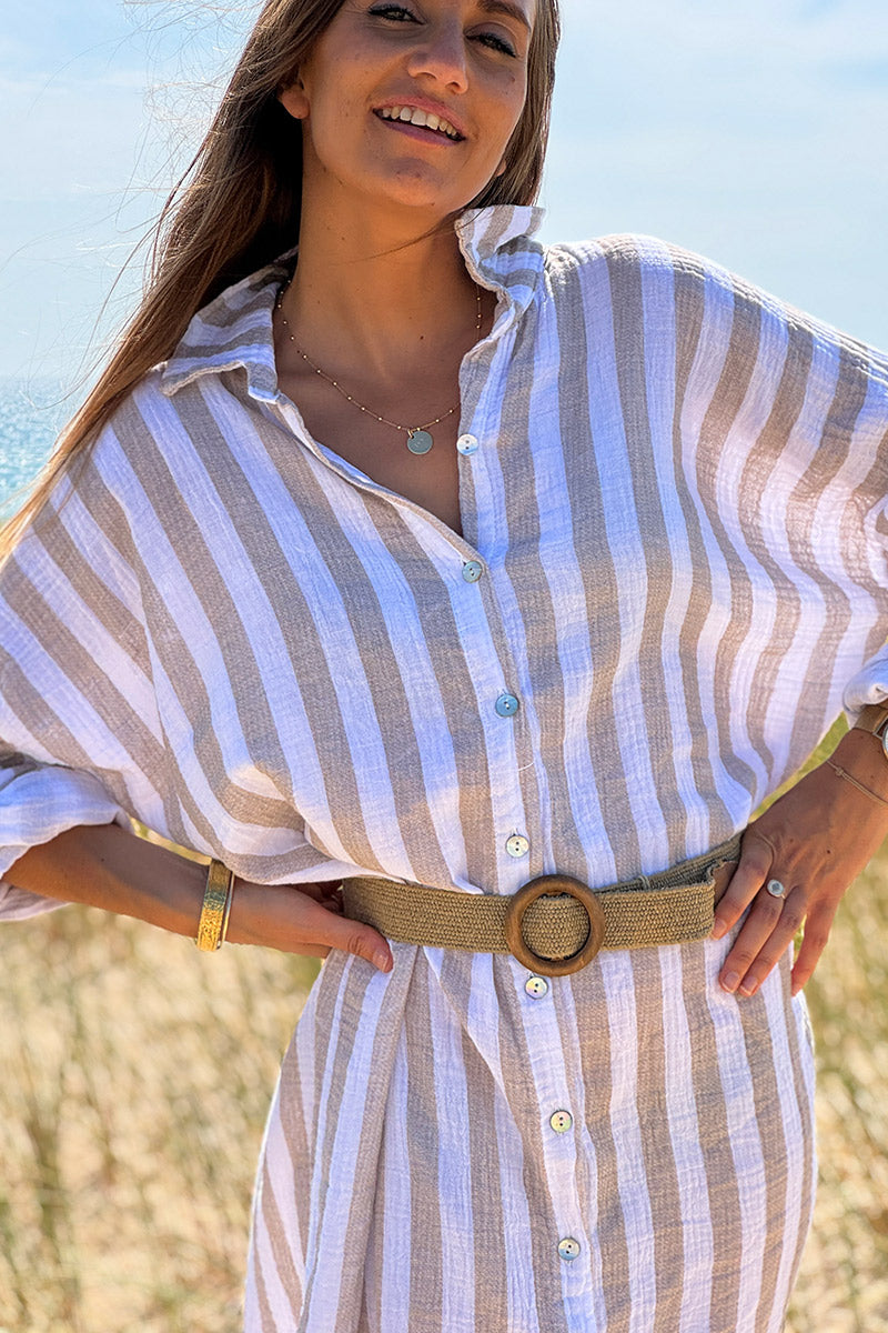 Robe chemise blanche en gaze de coton rayures beige
