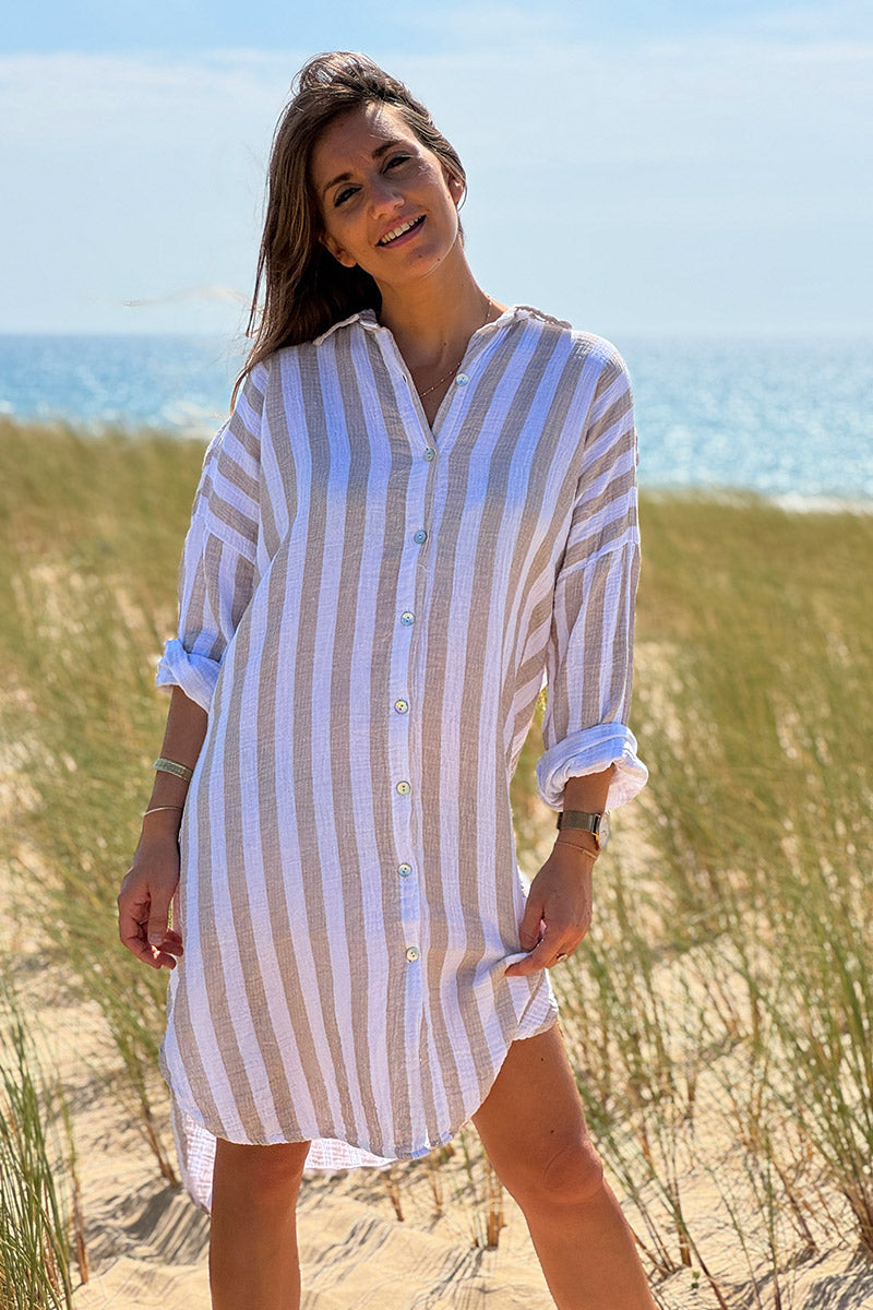 Robe chemise blanche en gaze de coton rayures beige