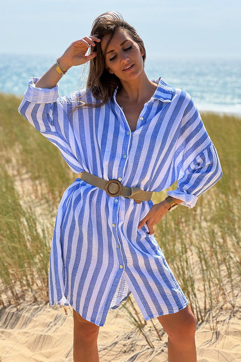 Vestido camisero de gasa de algodón blanco con rayas azules