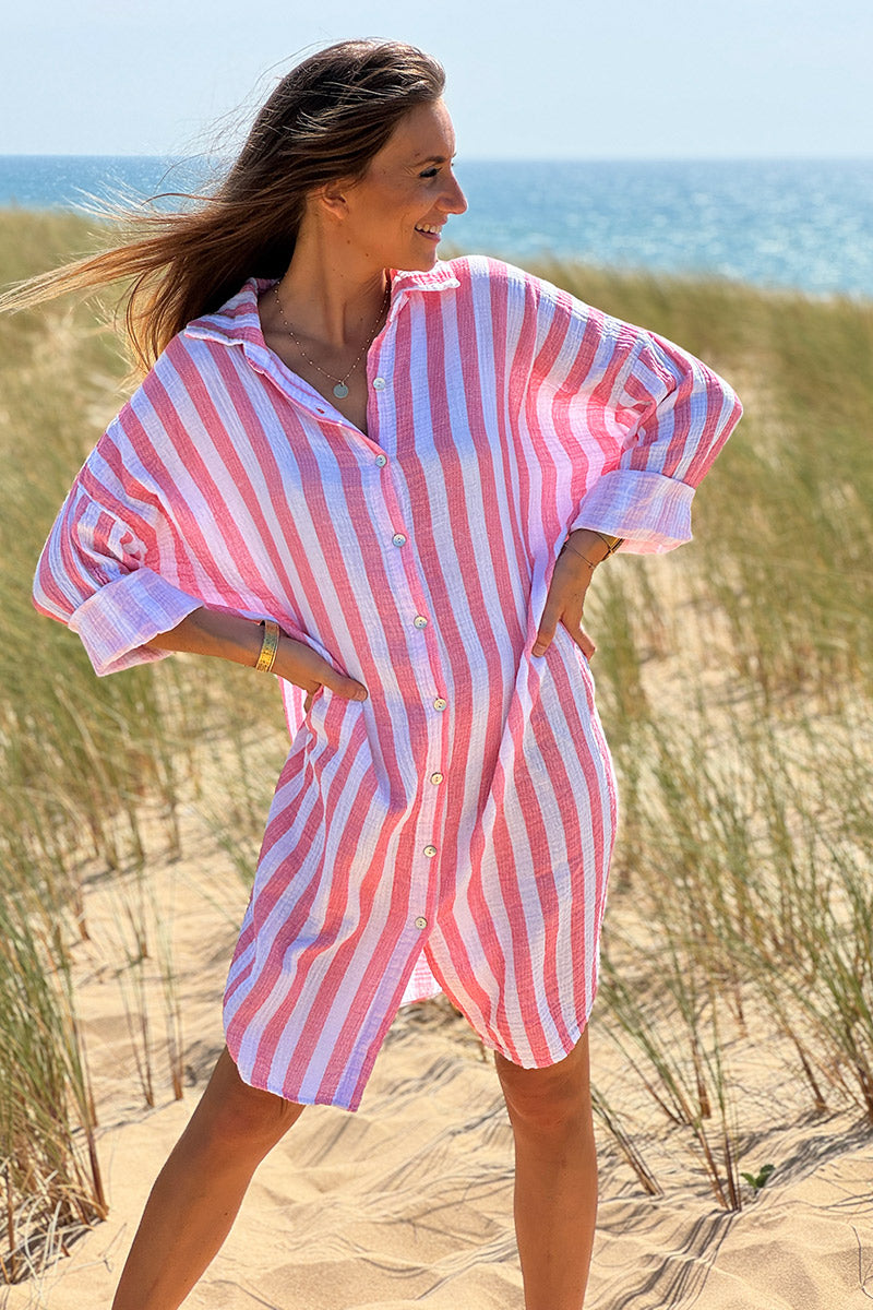 Robe chemise blanche en gaze de coton rayures corail