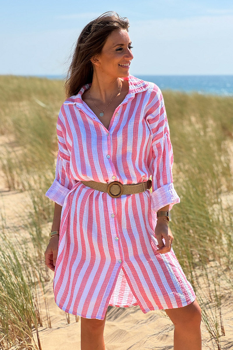 Robe chemise blanche en gaze de coton rayures corail