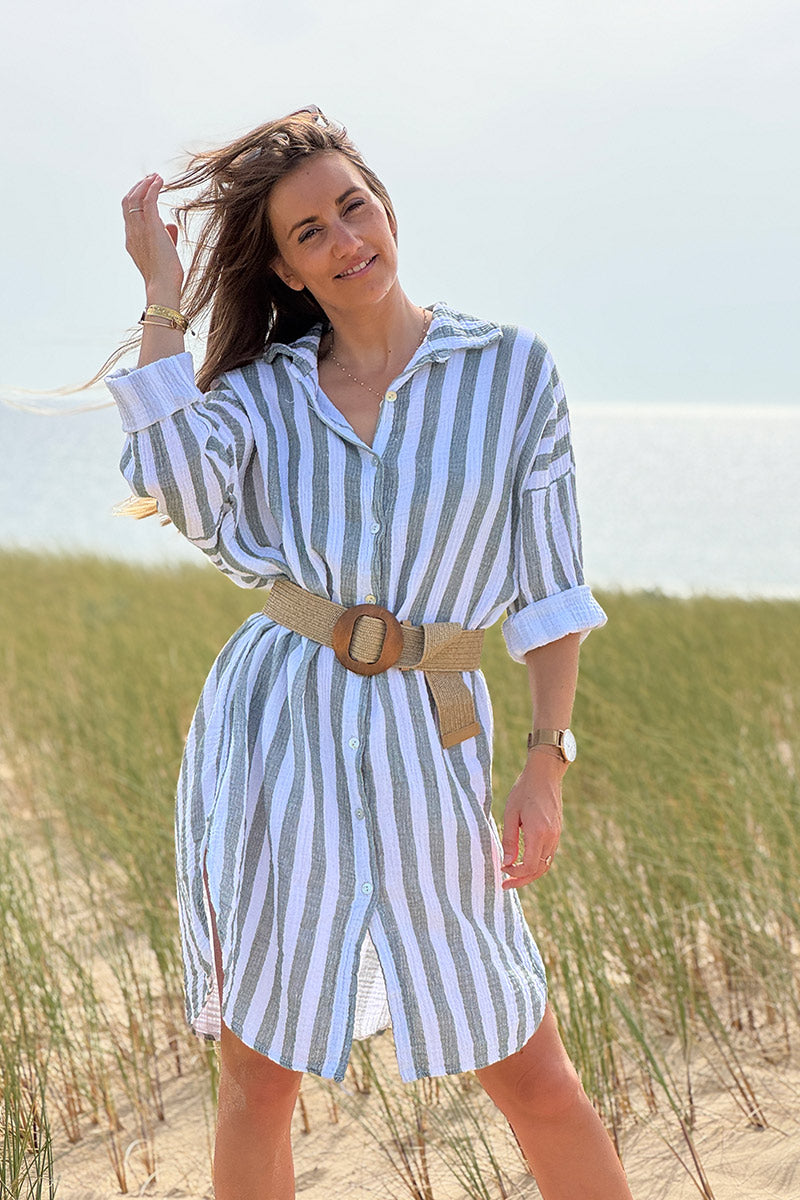 Robe chemise blanche en gaze de coton rayures kaki