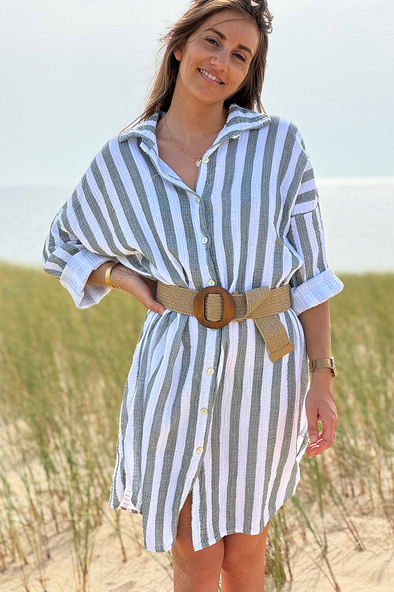 Robe chemise blanche en gaze de coton rayures kaki