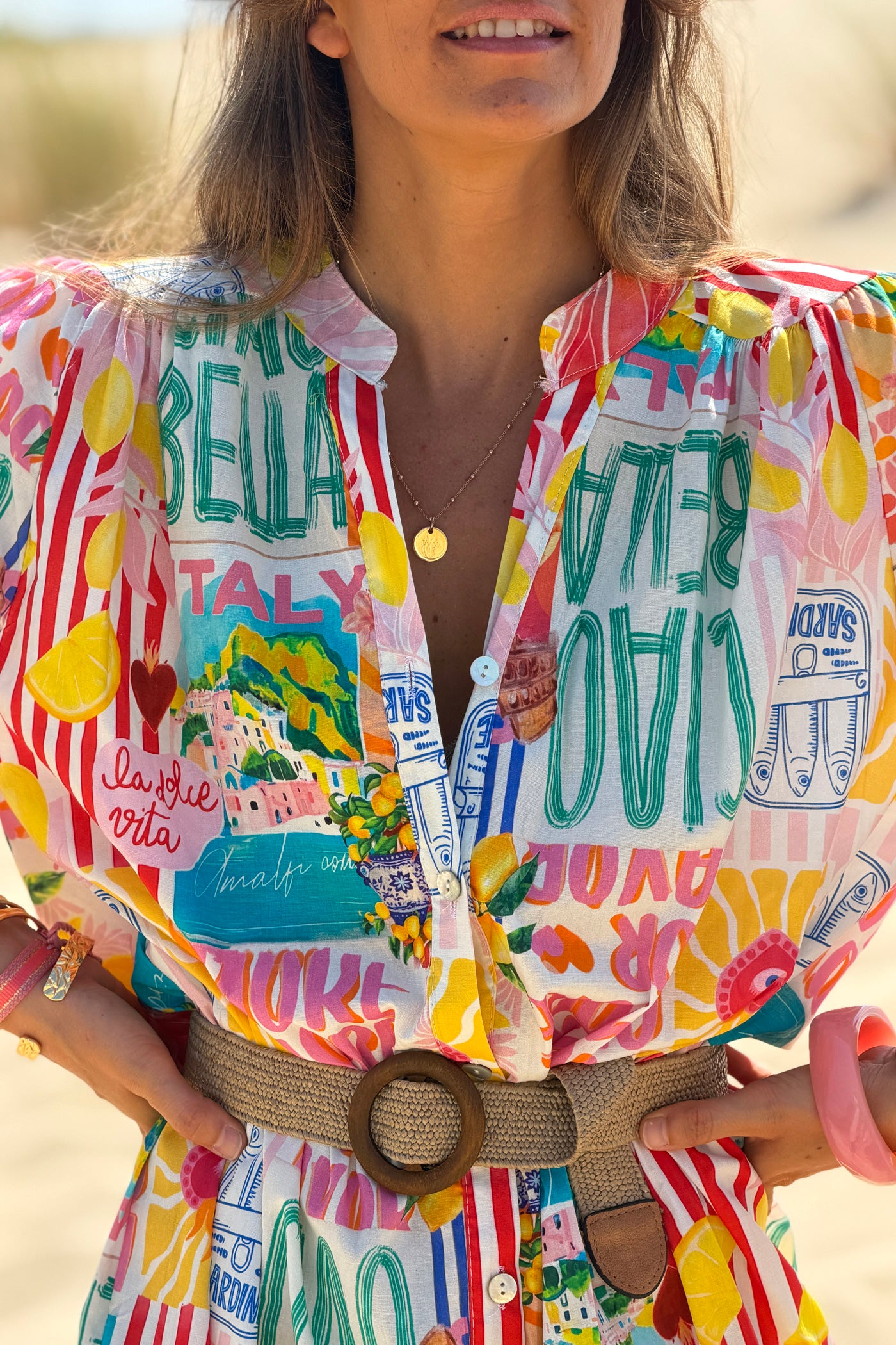 Yellow Stripe “Ciao Bella” Button-Down Tunic
