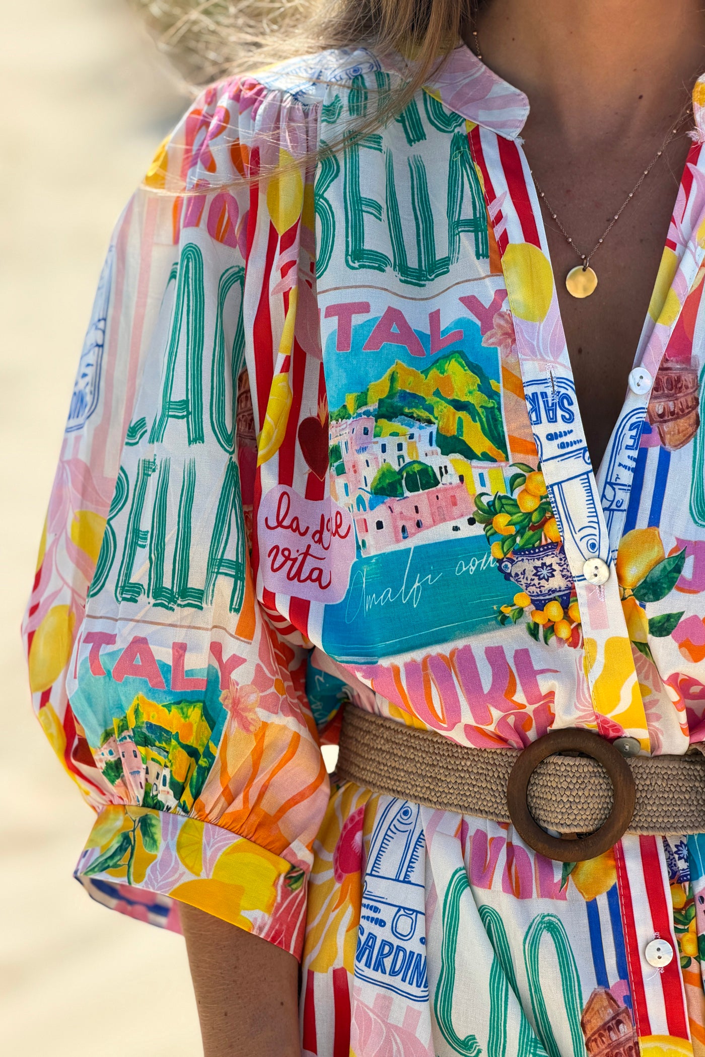 Yellow Stripe “Ciao Bella” Button-Down Tunic