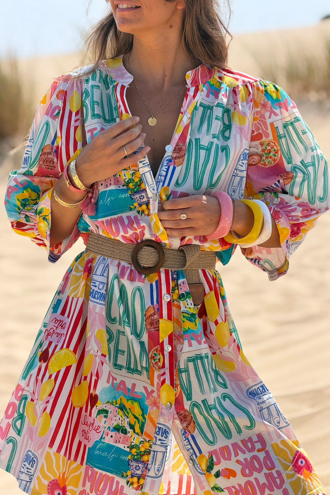 Yellow Stripe “Ciao Bella” Button-Down Tunic