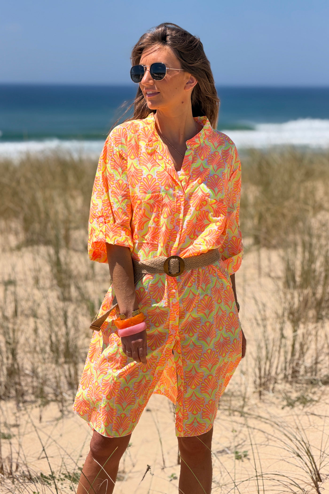 Orange Tropical Flourish Shirt Dress