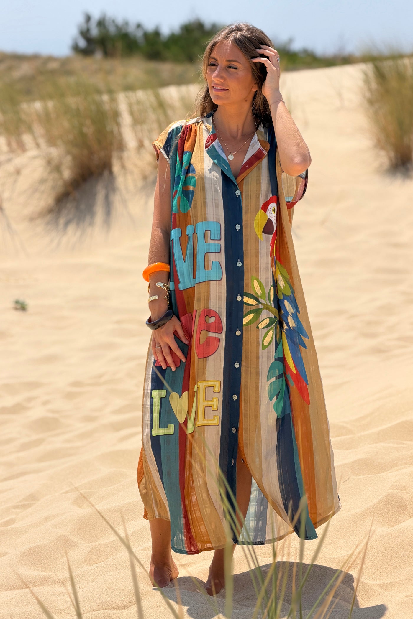 Blue Striped “Love” Sleeveless Button-Down Caftan
