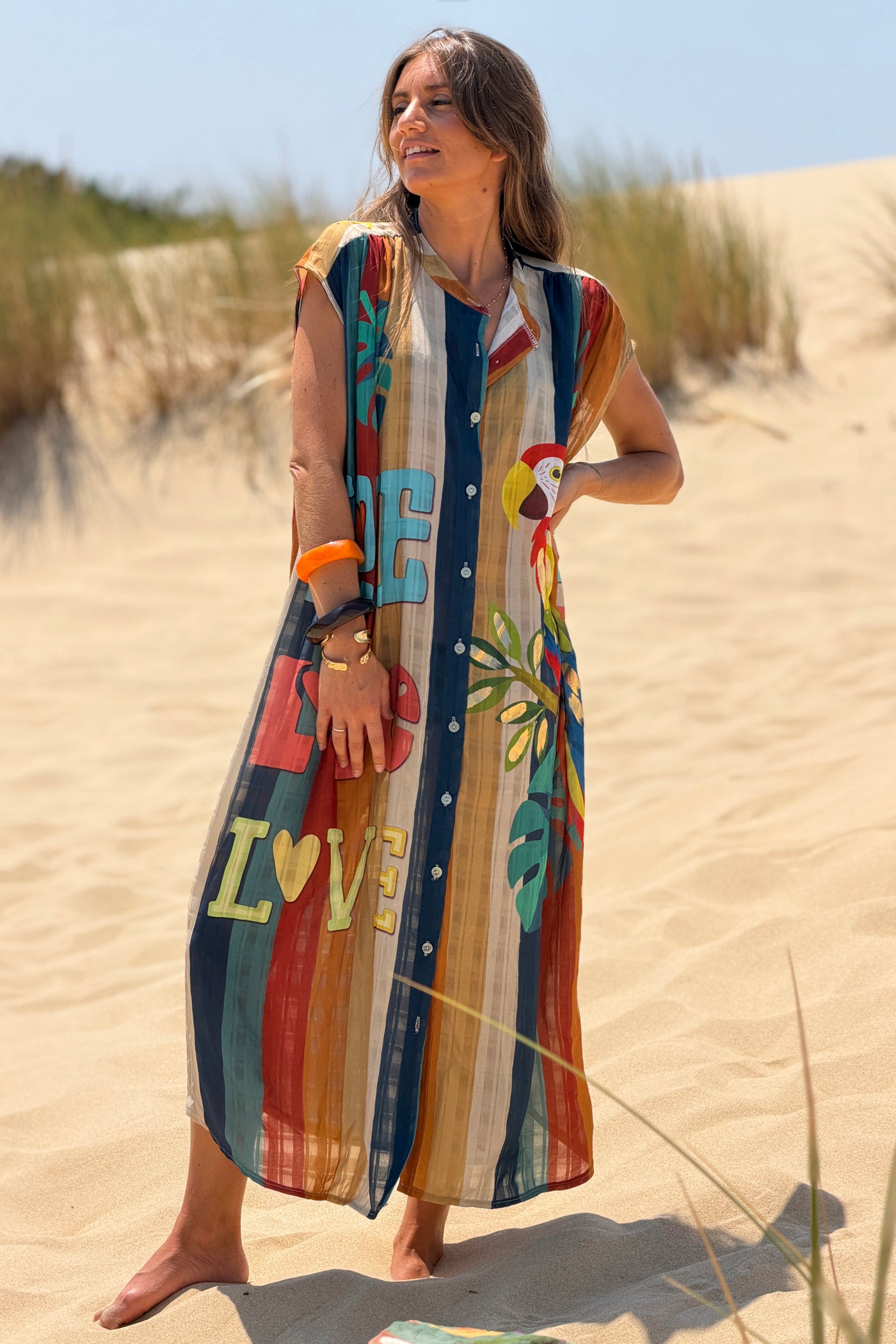 Blue Striped “Love” Sleeveless Button-Down Caftan
