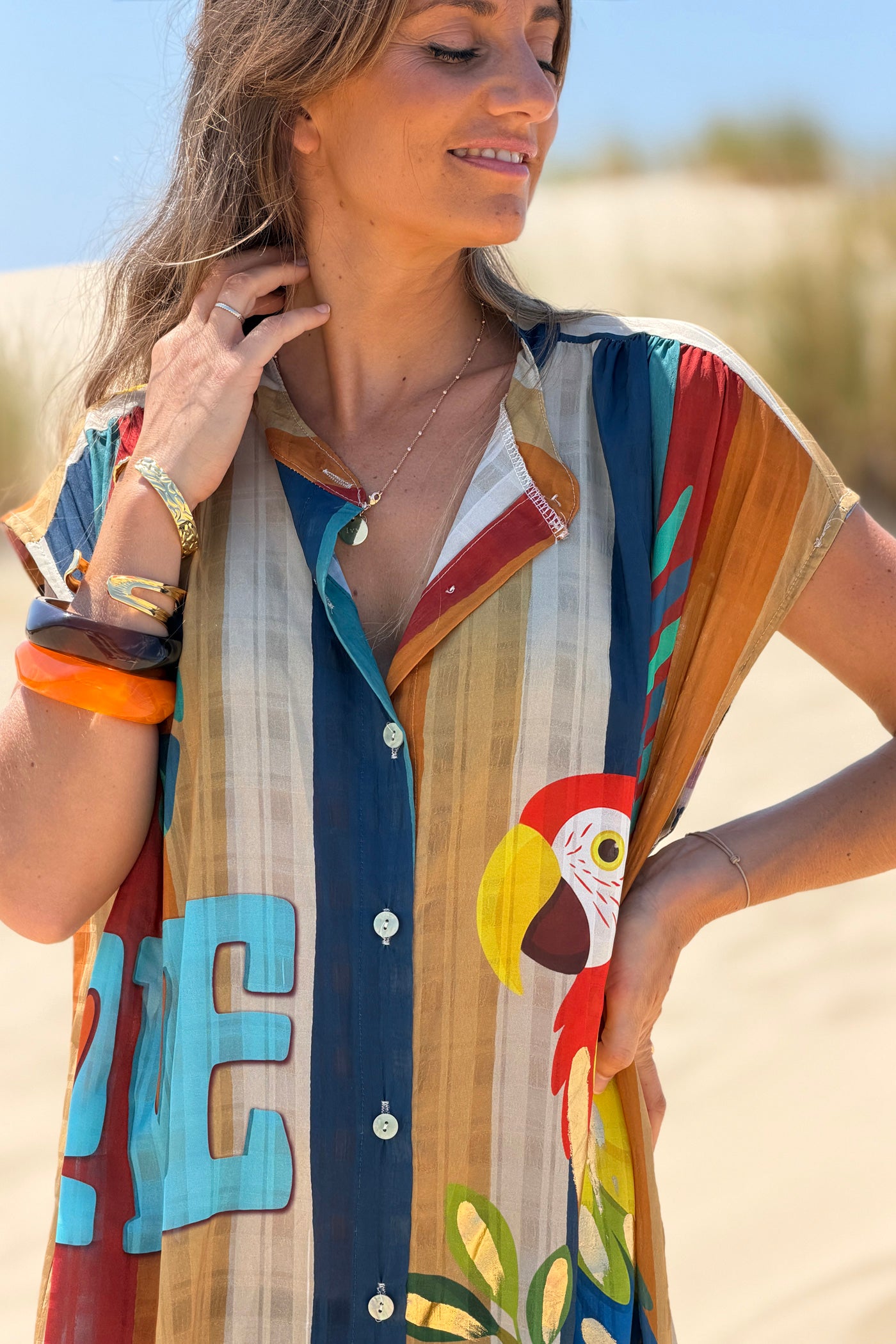 Blue Striped “Love” Sleeveless Button-Down Caftan
