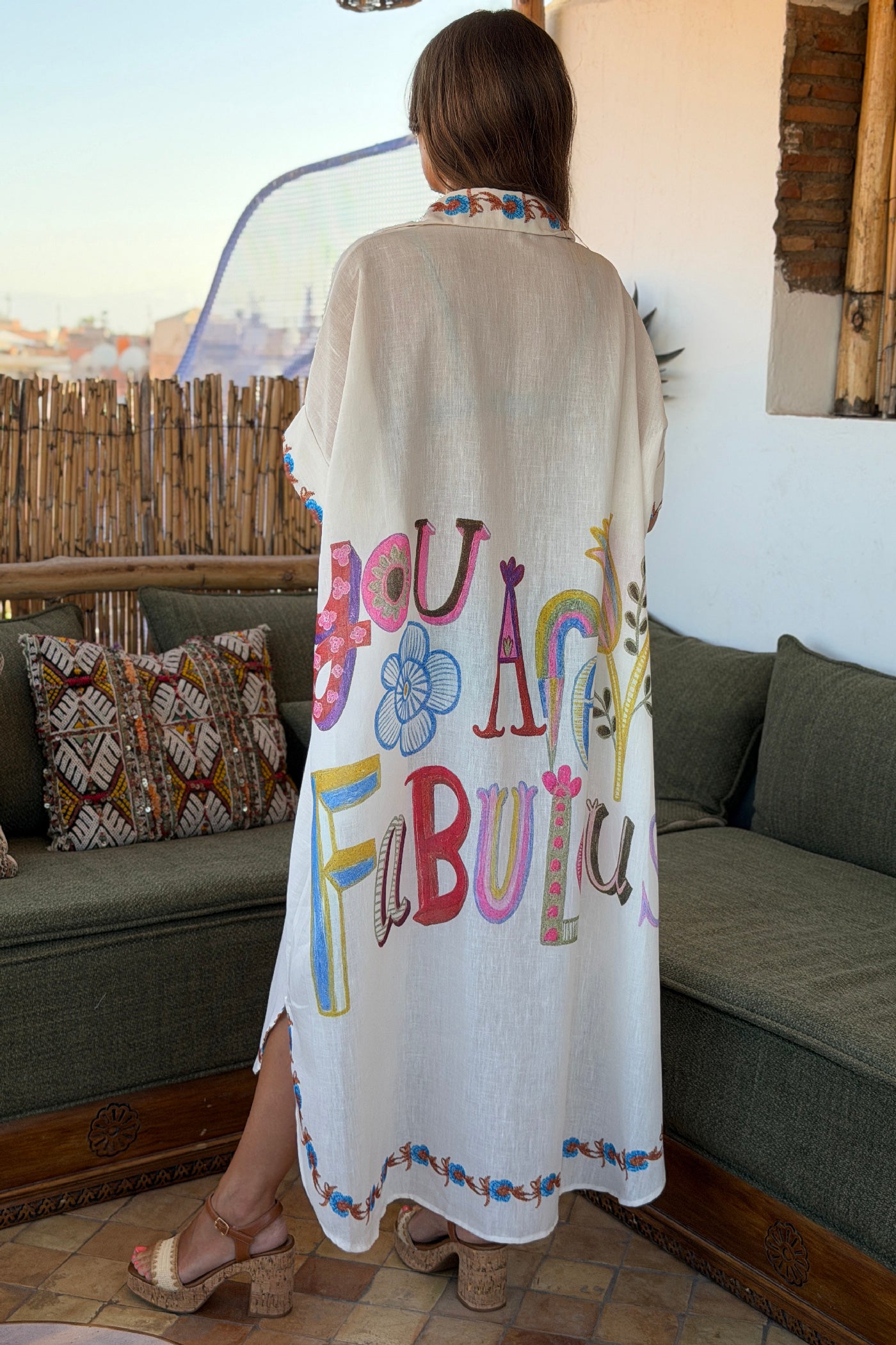 White Sunset Print Button-Down Caftan