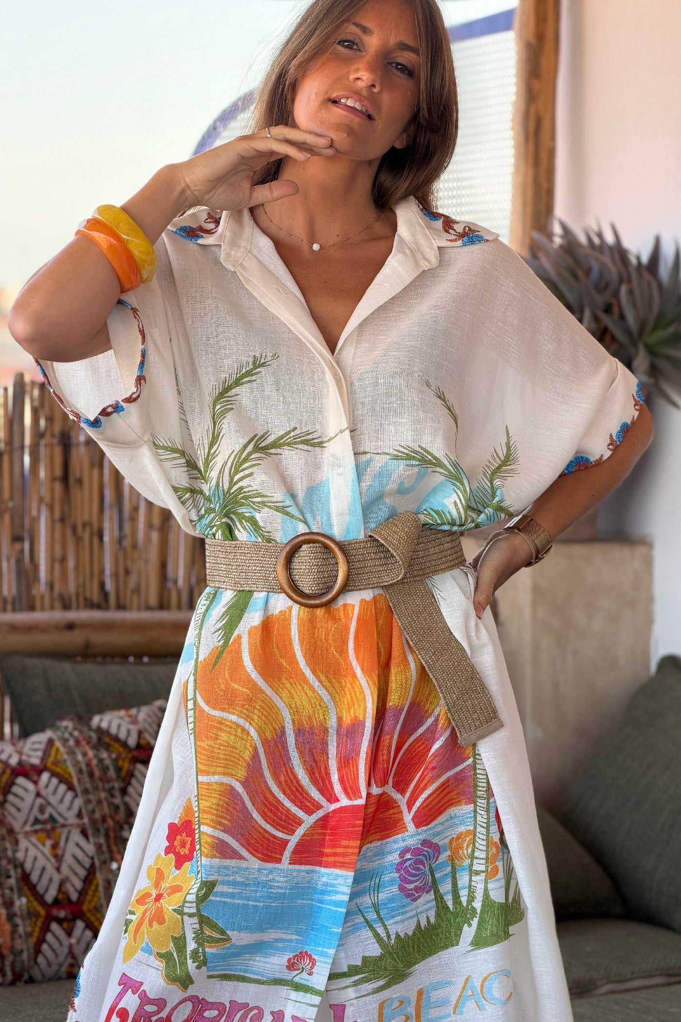 White Sunset Print Button-Down Caftan