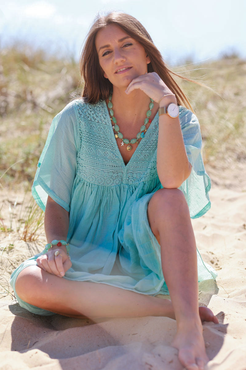 Robe vert d'eau légère voile de coton haut dentelle
