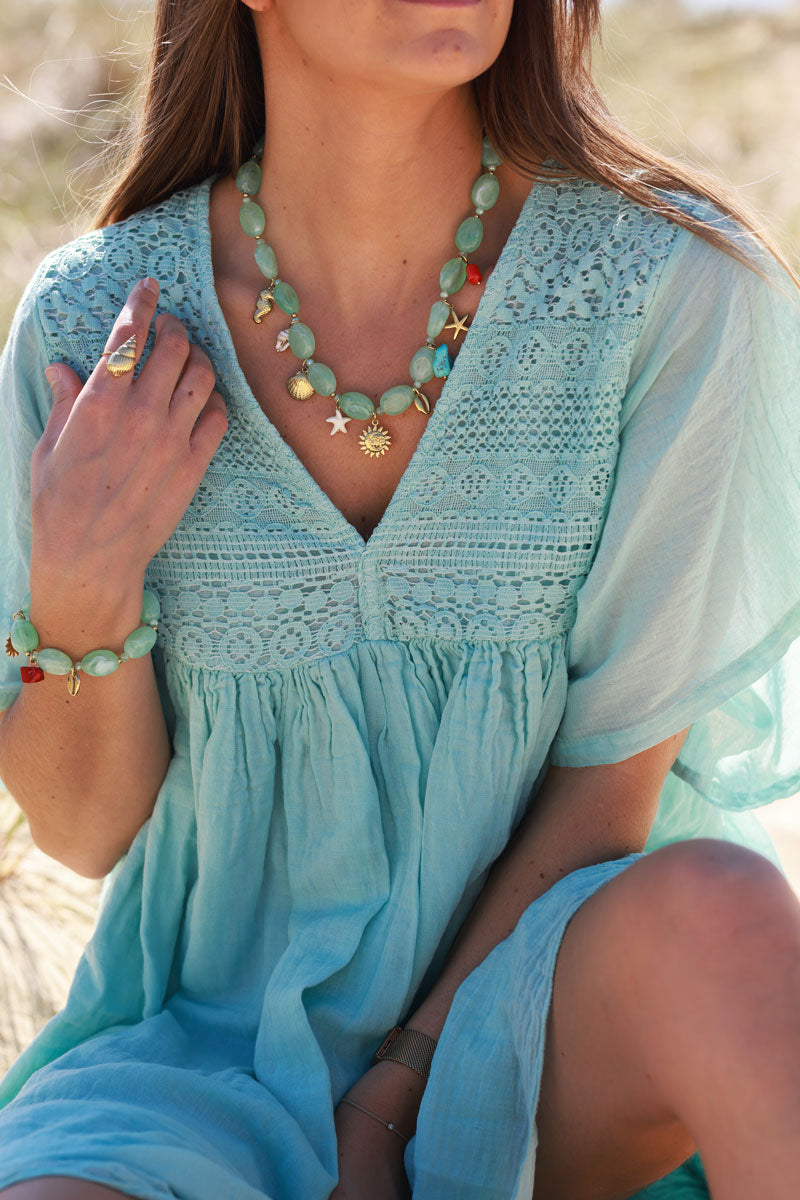 Robe vert d'eau légère voile de coton haut dentelle