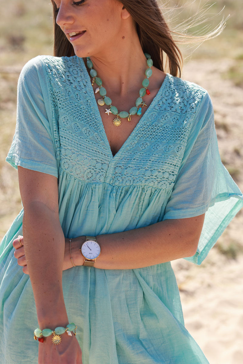 Robe vert d'eau légère voile de coton haut dentelle