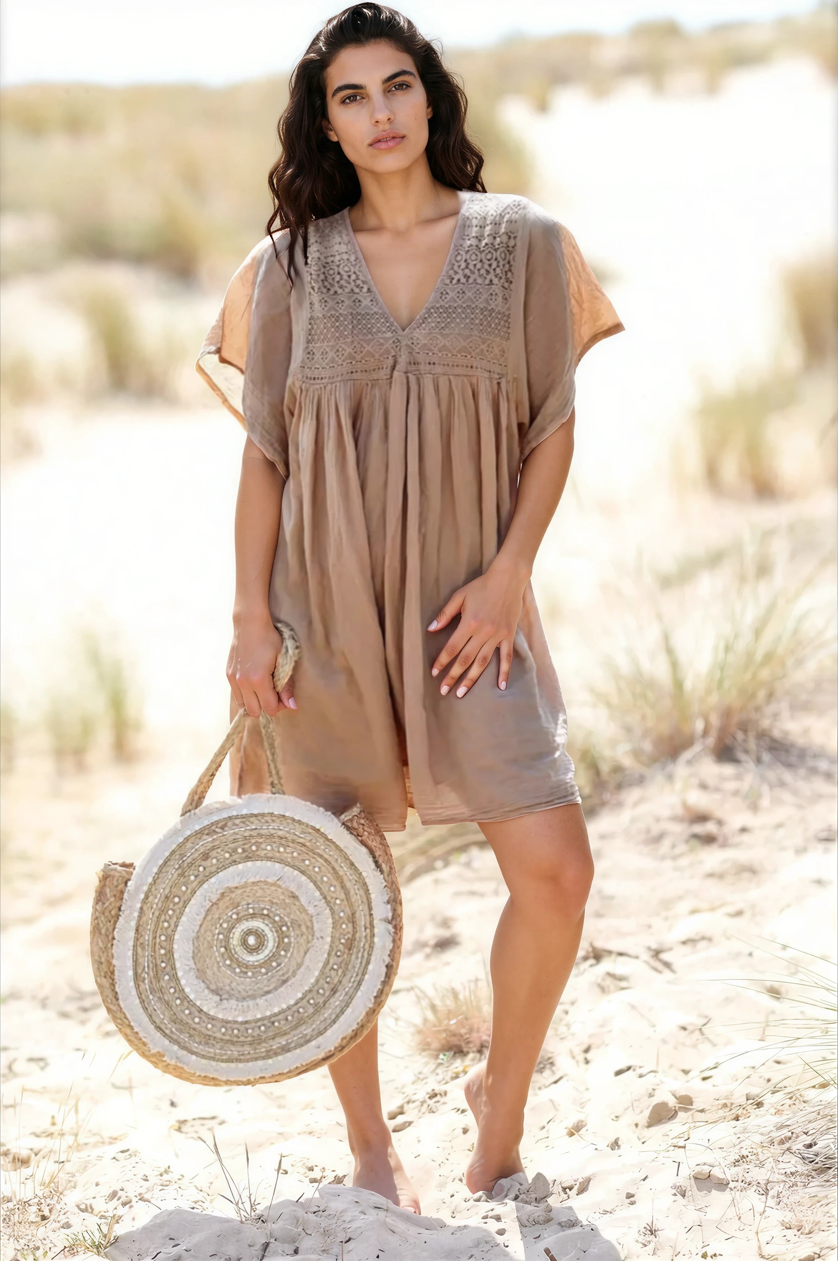 Robe camel légère voile de coton haut dentelle