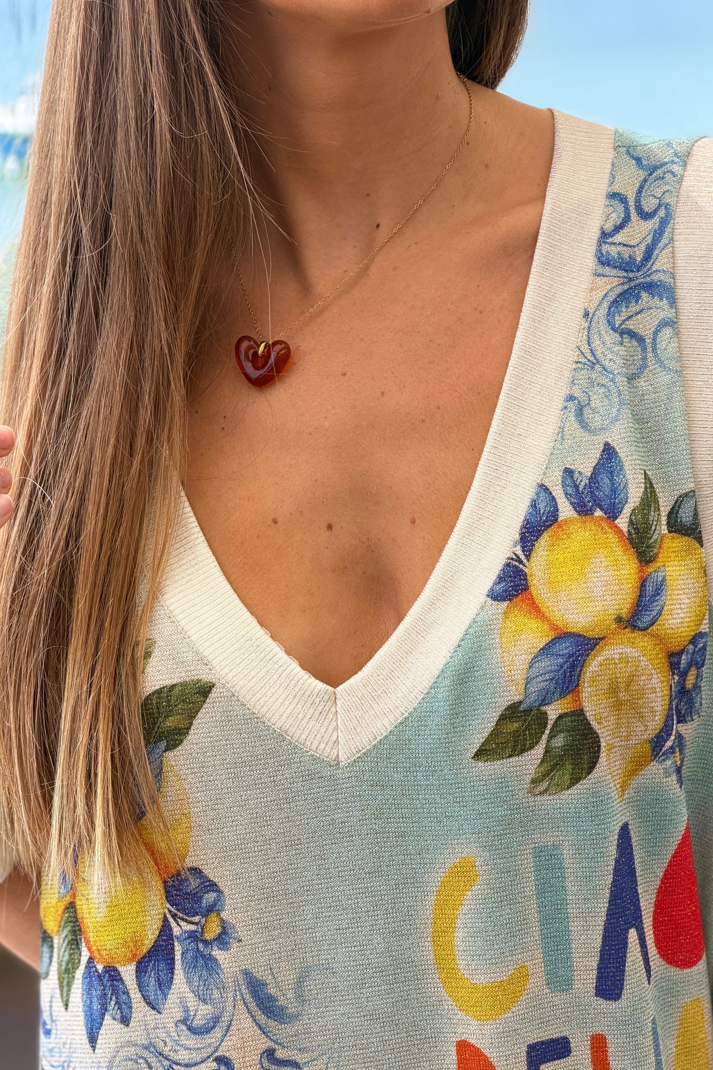 Robe débardeur brillante bleue lurex imprimé Ciao Bella palmier et citrons