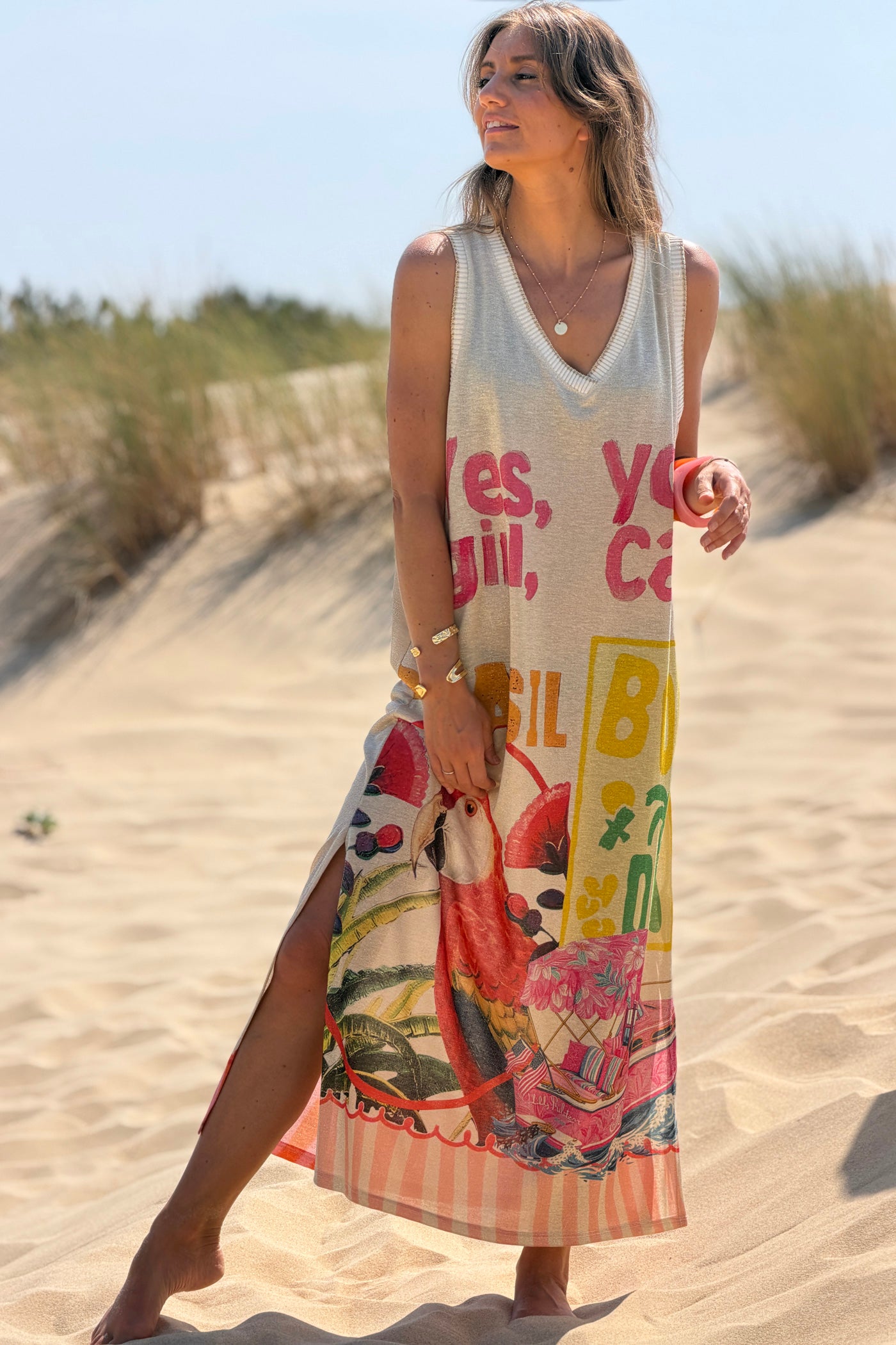 Beige Tropical Babe Glitter Knit V-Neck Tank Dress

