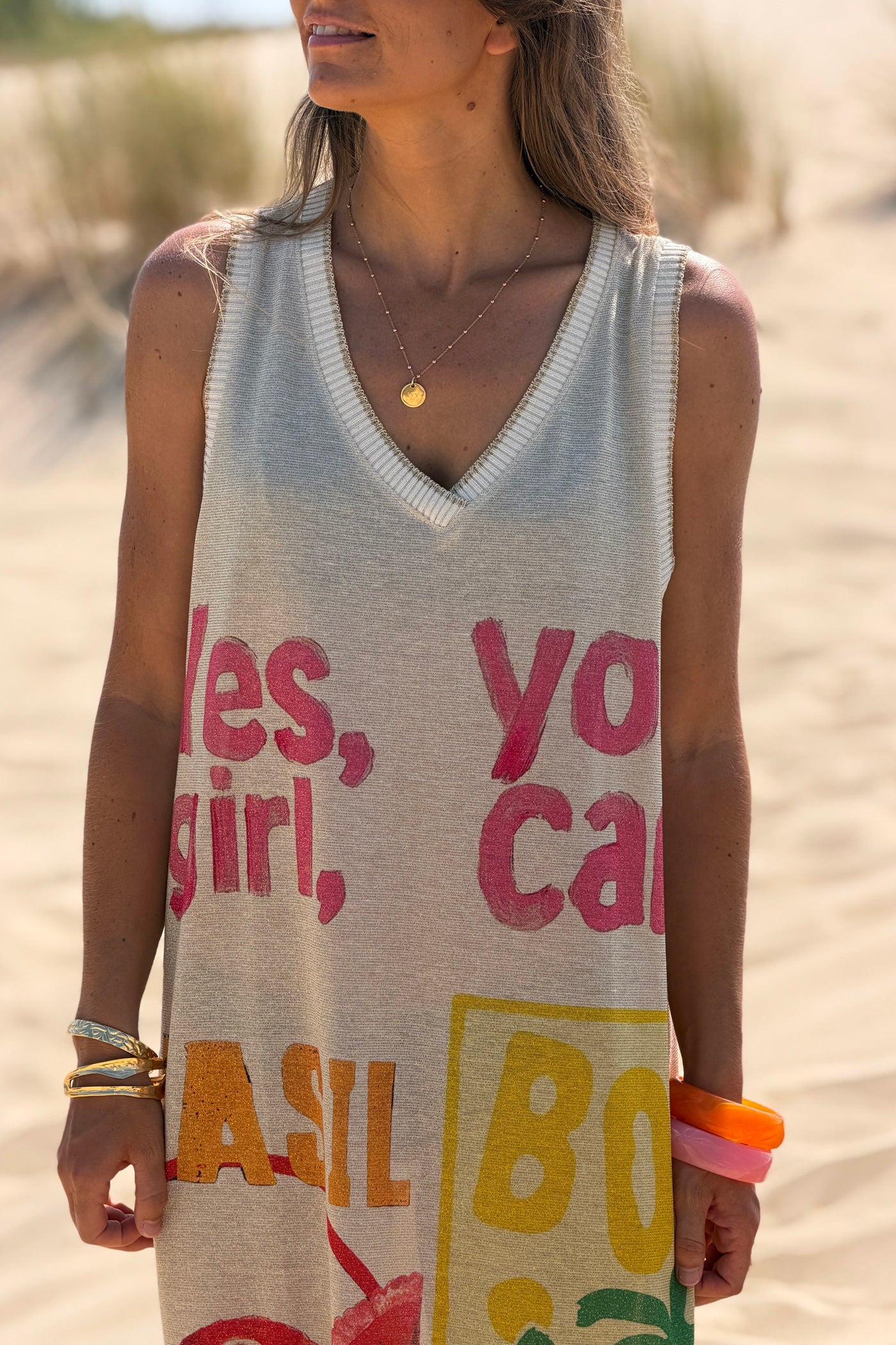 Beige Tropical Babe Glitter Knit V-Neck Tank Dress
