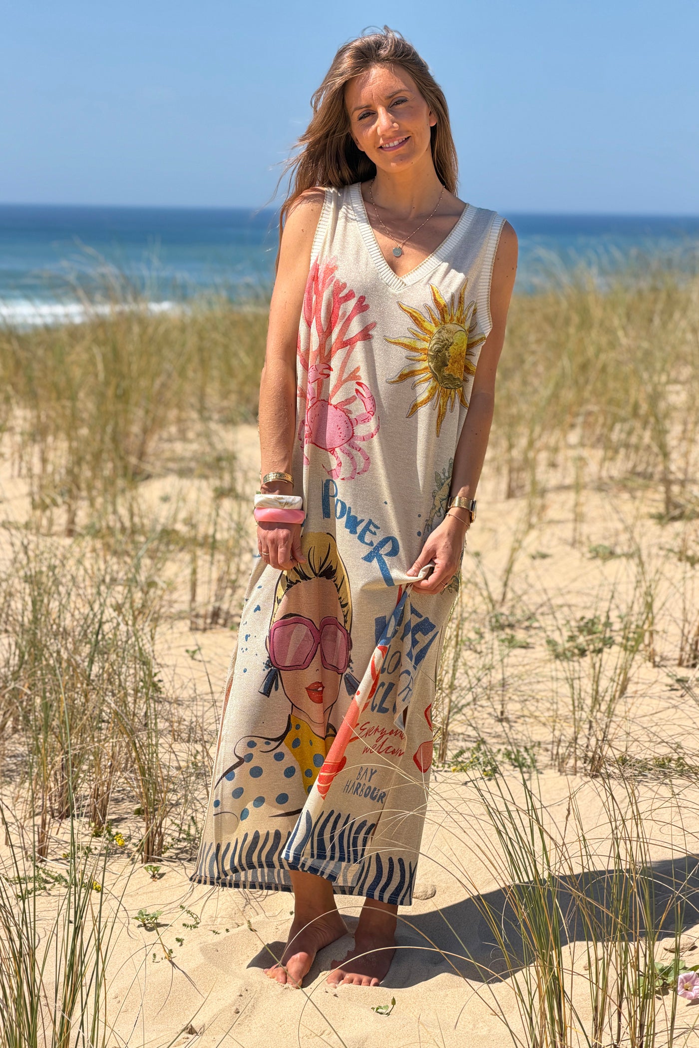 Cream “Girl Power” Sea Creatures Glitter Knit Maxi Dress