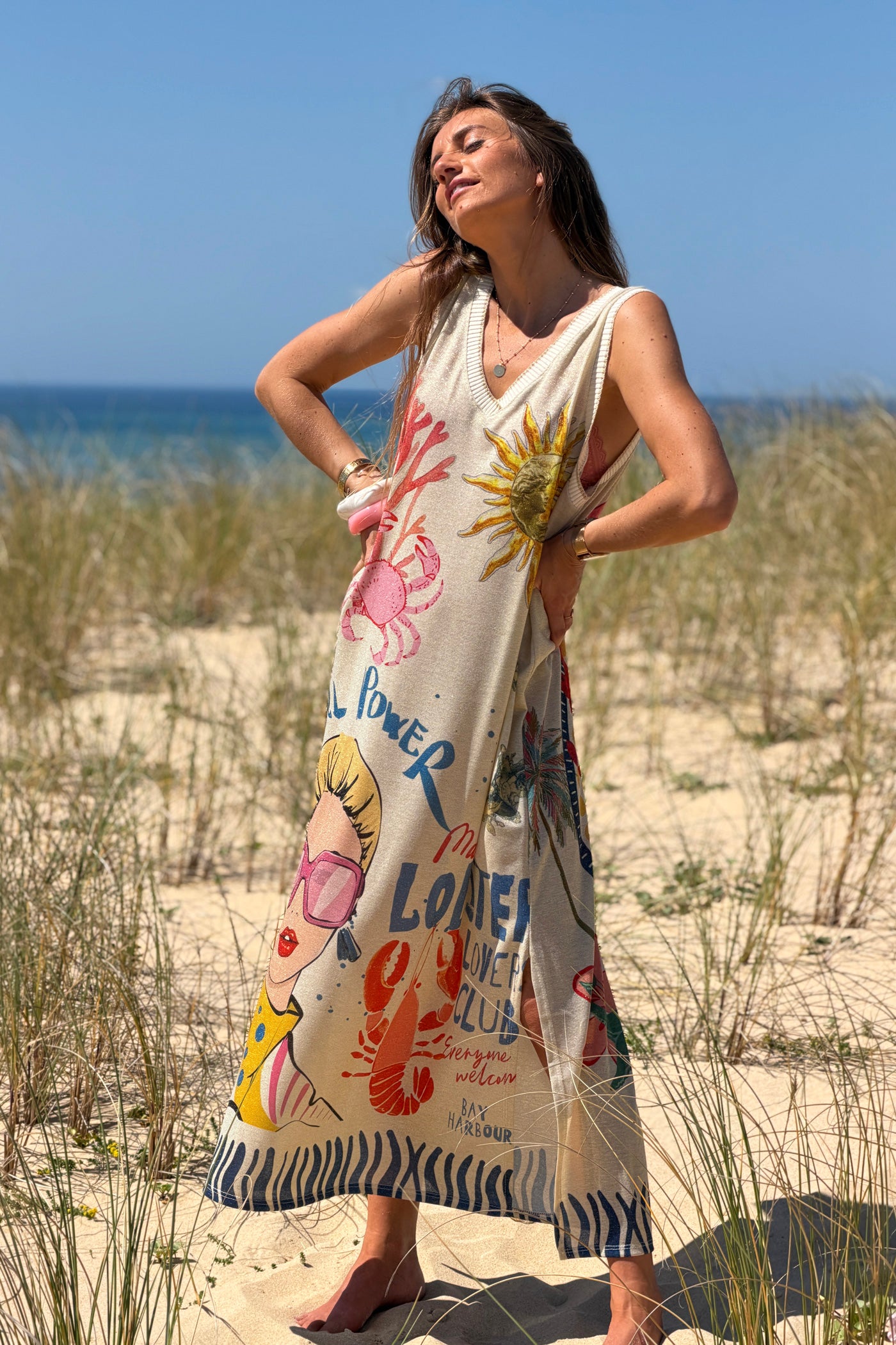 Cream “Girl Power” Sea Creatures Glitter Knit Maxi Dress