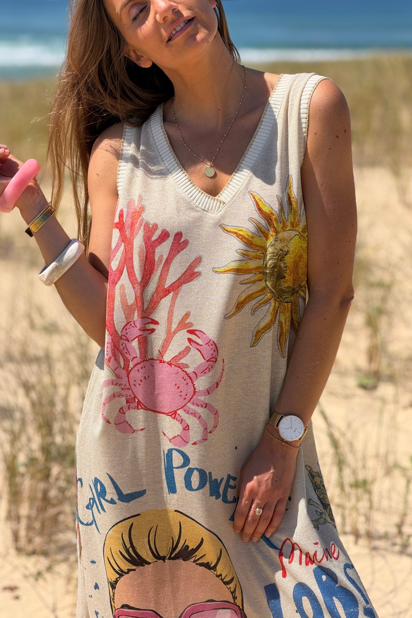 Cream “Girl Power” Sea Creatures Glitter Knit Maxi Dress