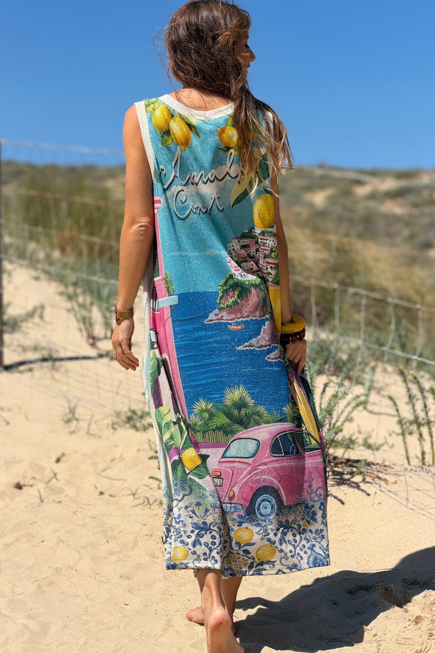 Robe débardeur brillante lurex beige imprime rayures bleues Dolce Vita et citron