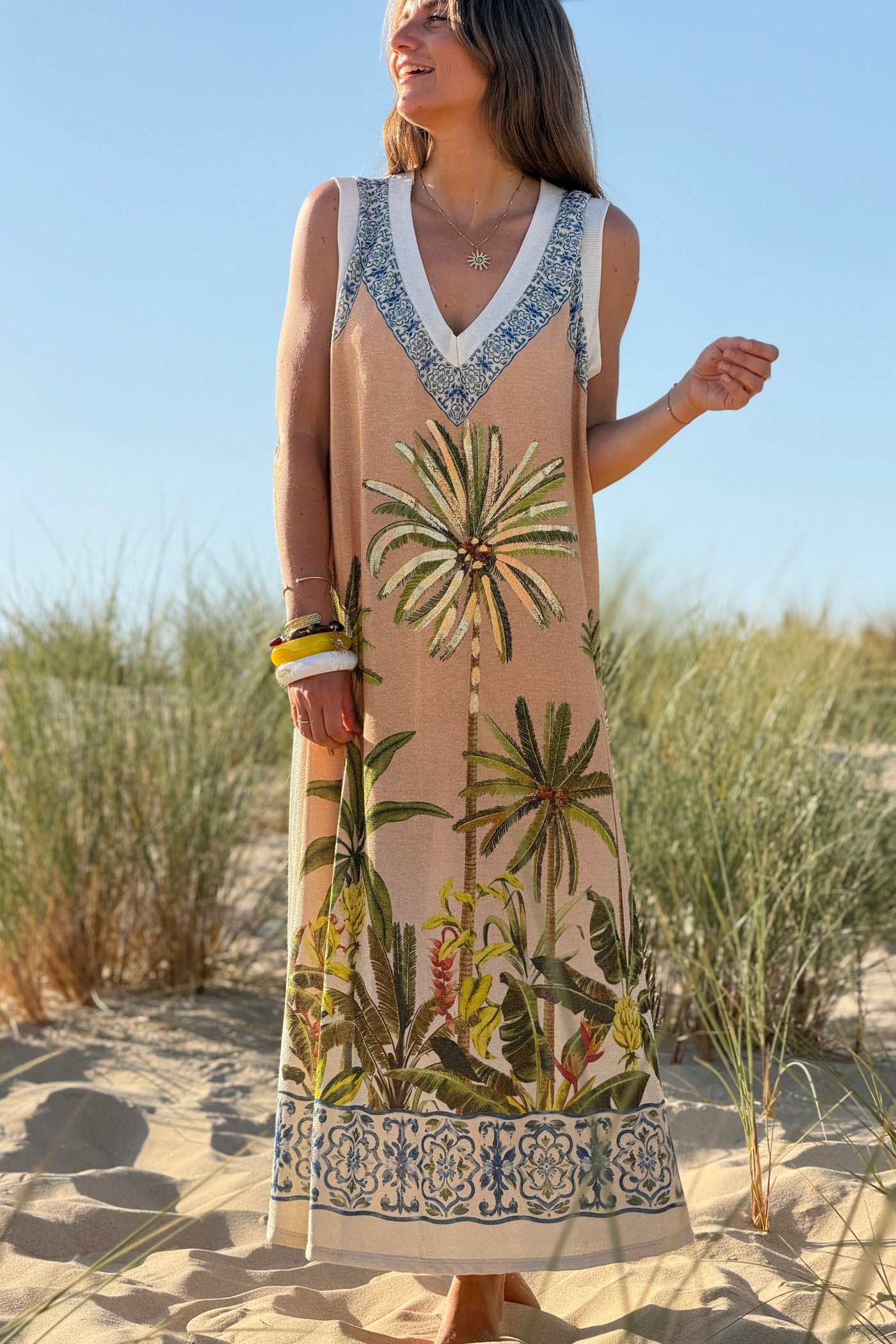 Beige Potted Palms Glitter Knit Maxi
