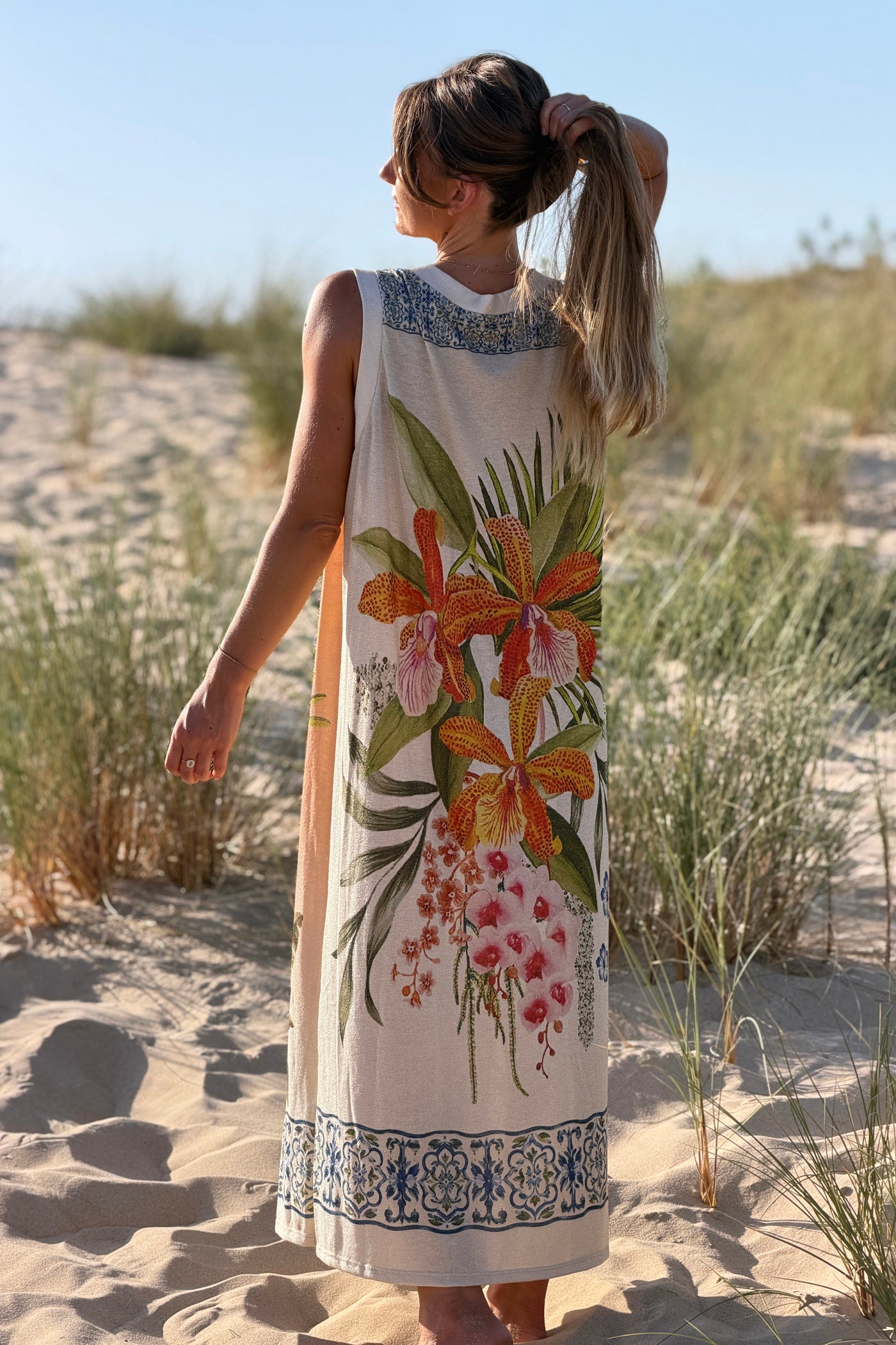 Beige Potted Palms Glitter Knit Maxi
