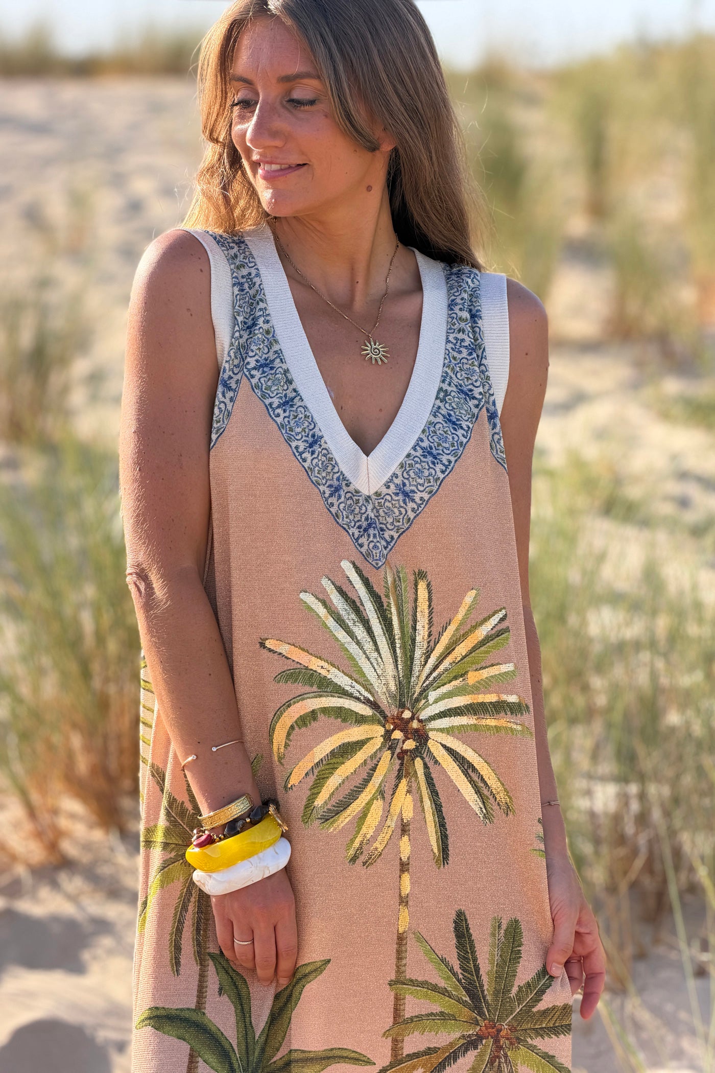 Beige Potted Palms Glitter Knit Maxi
