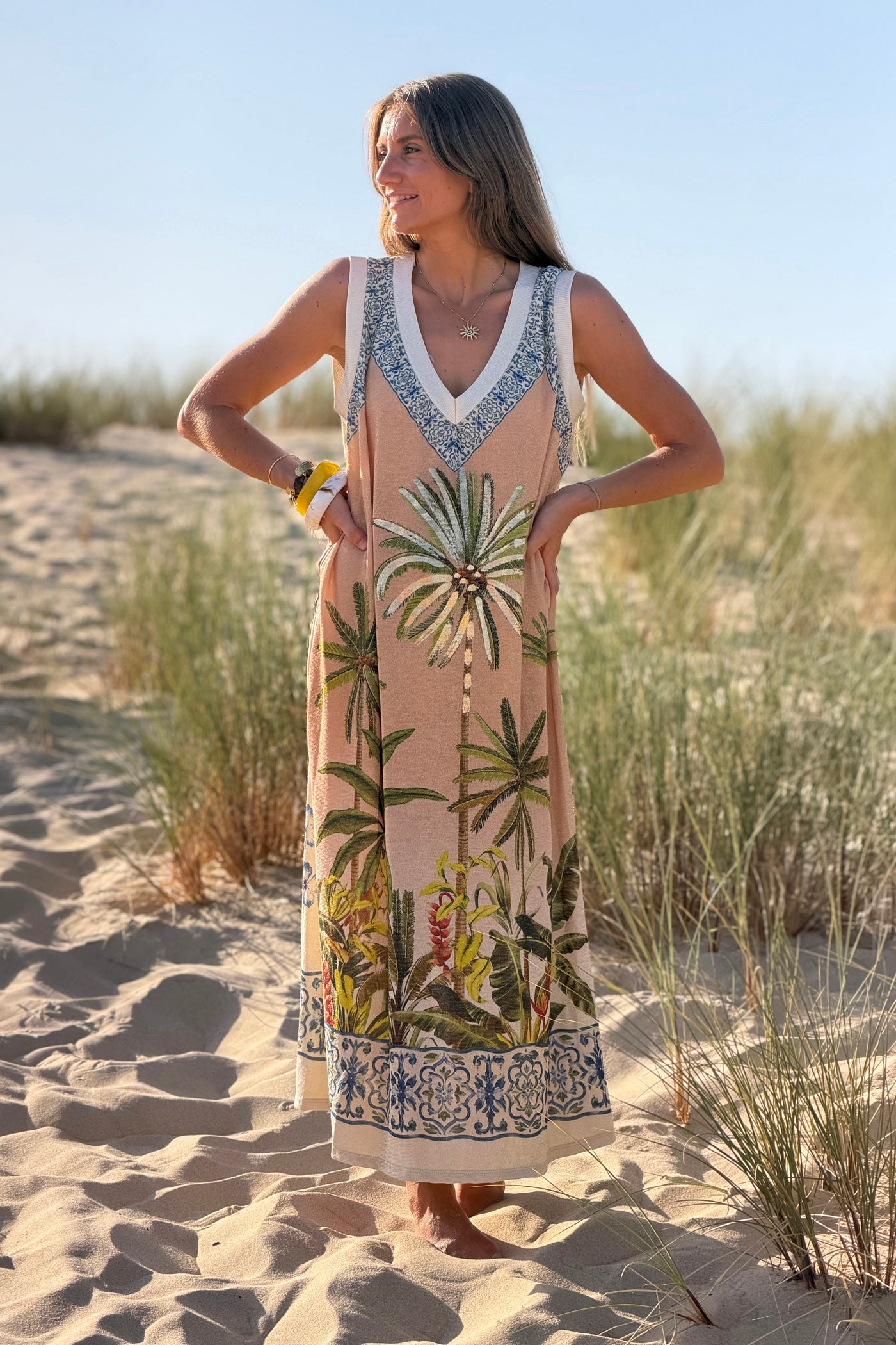 Beige Potted Palms Glitter Knit Maxi
