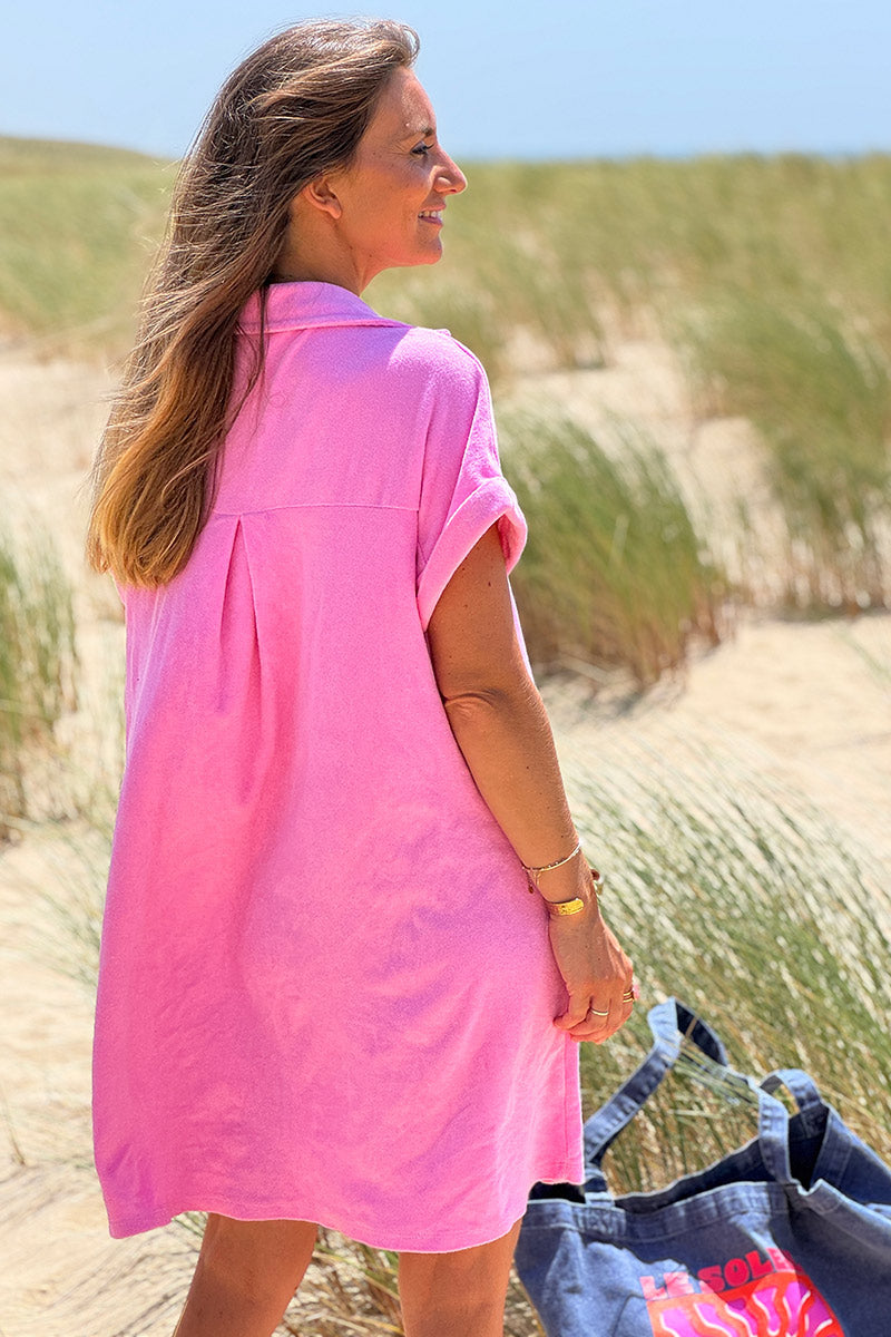 Robe eponge rose col chemise et boutonnée