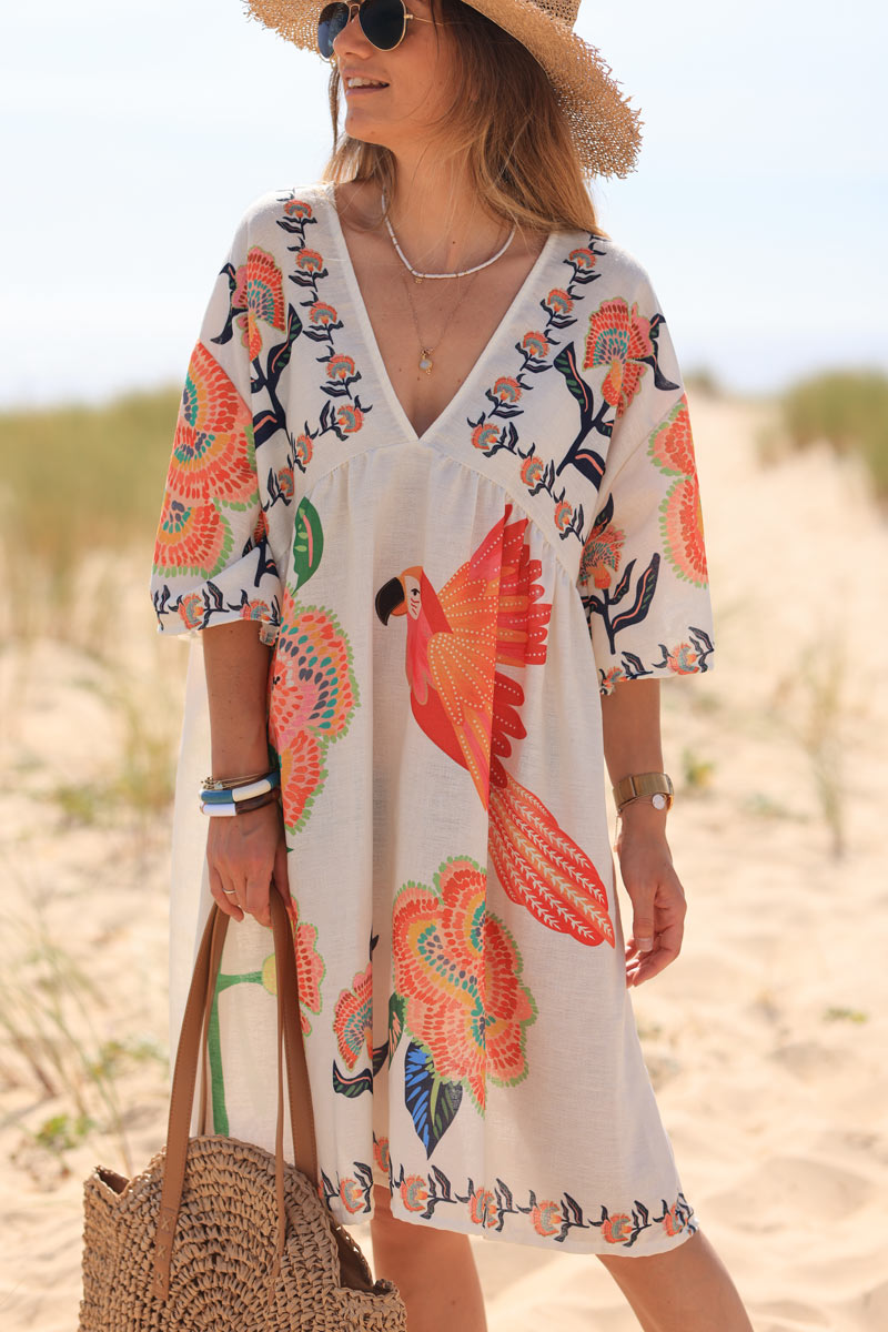 Floaty woven style dress with parrots and floral print