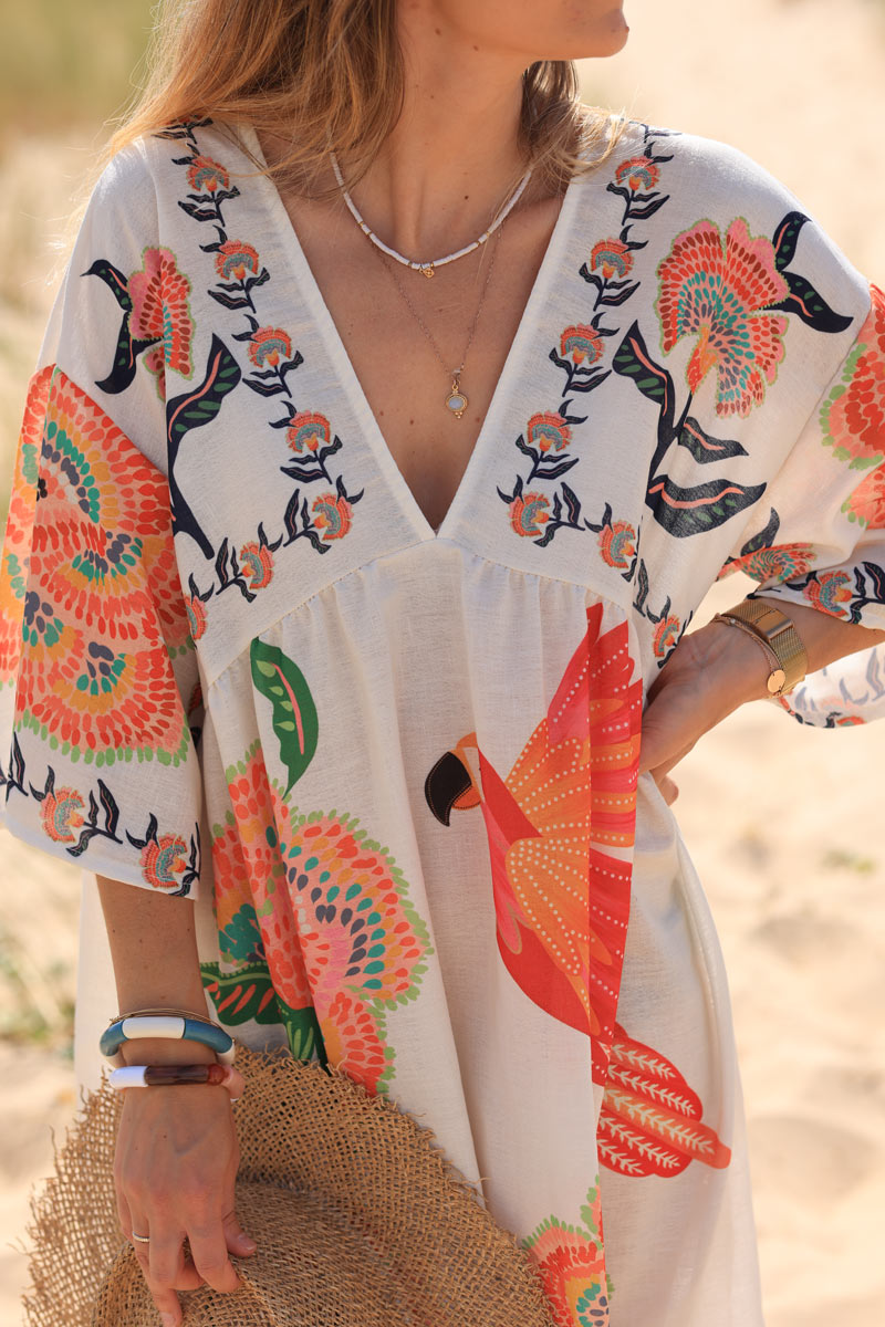 Floaty woven style dress with parrots and floral print