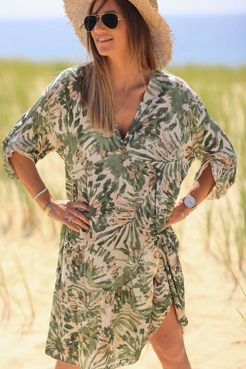 Khaki watercolor flower print floaty dress