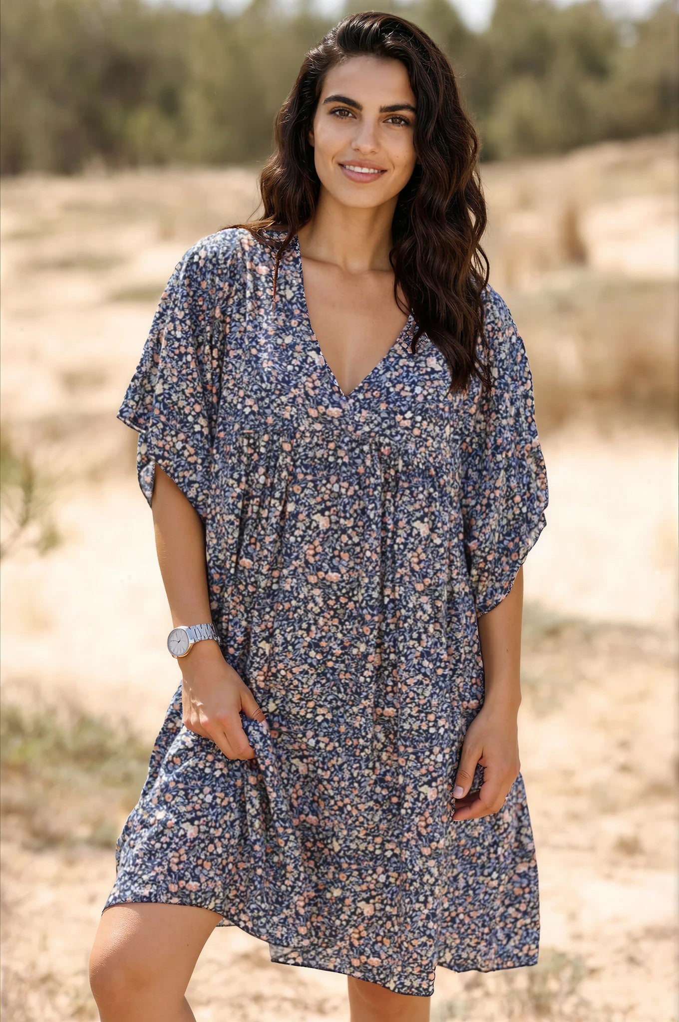 Robe fluide bleu marine imprimé liberty pastel Jeanne