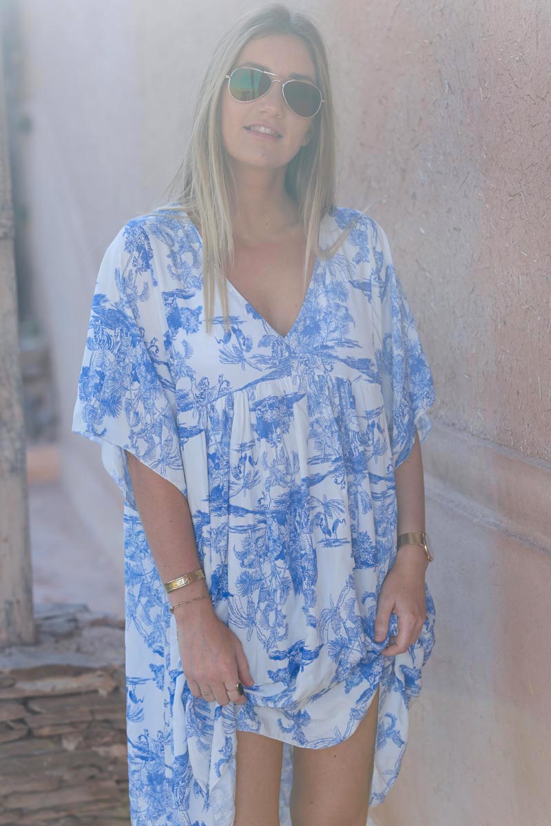 Royal blue short smock dress in toile de jouy print