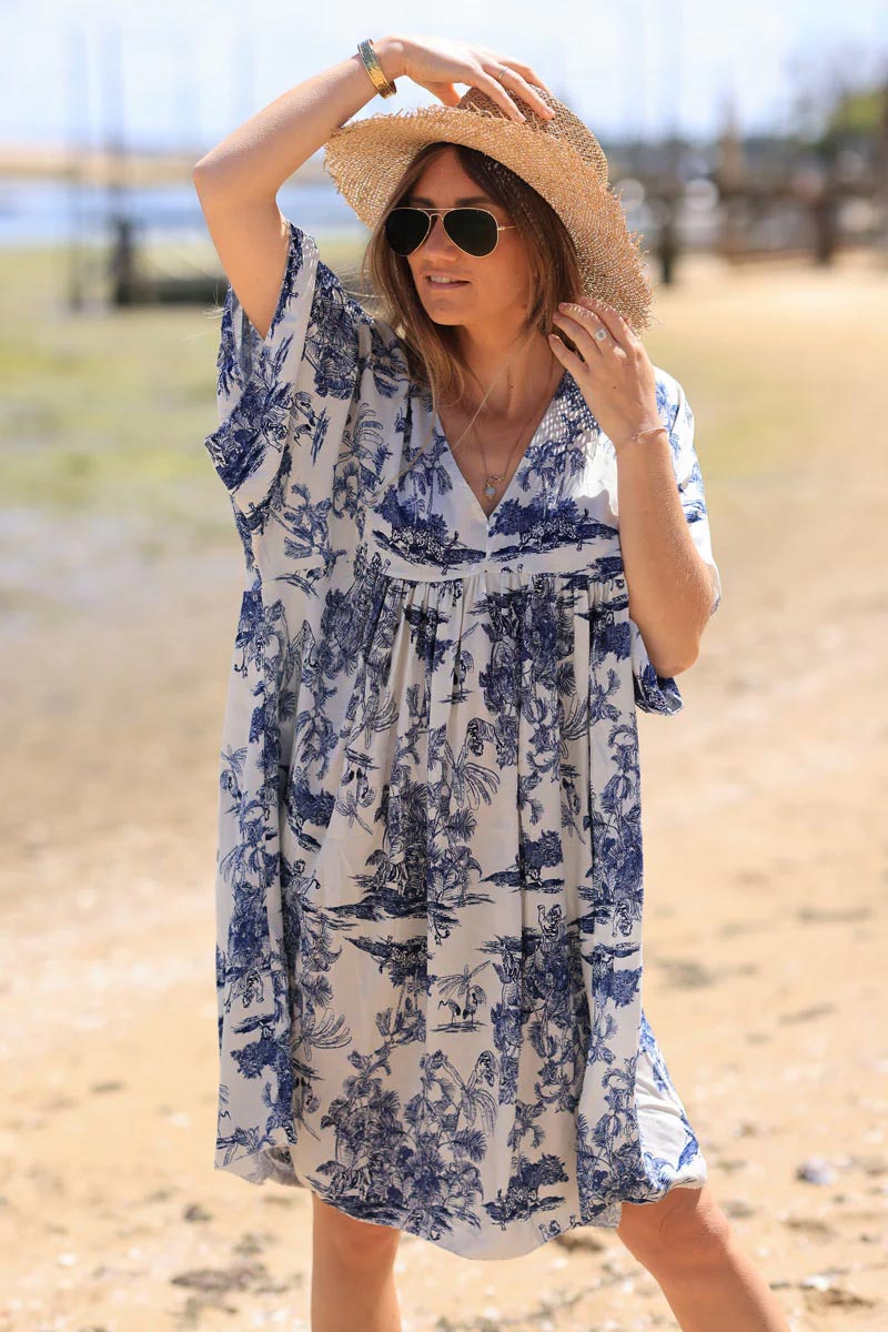 Navy blue short smock dress in toile de jouy print