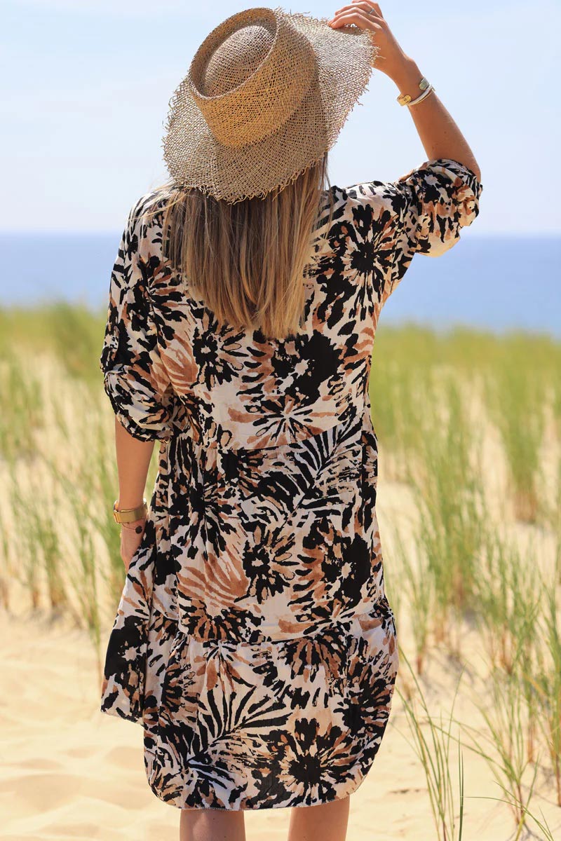 Black and camel watercolor flower print floaty dress